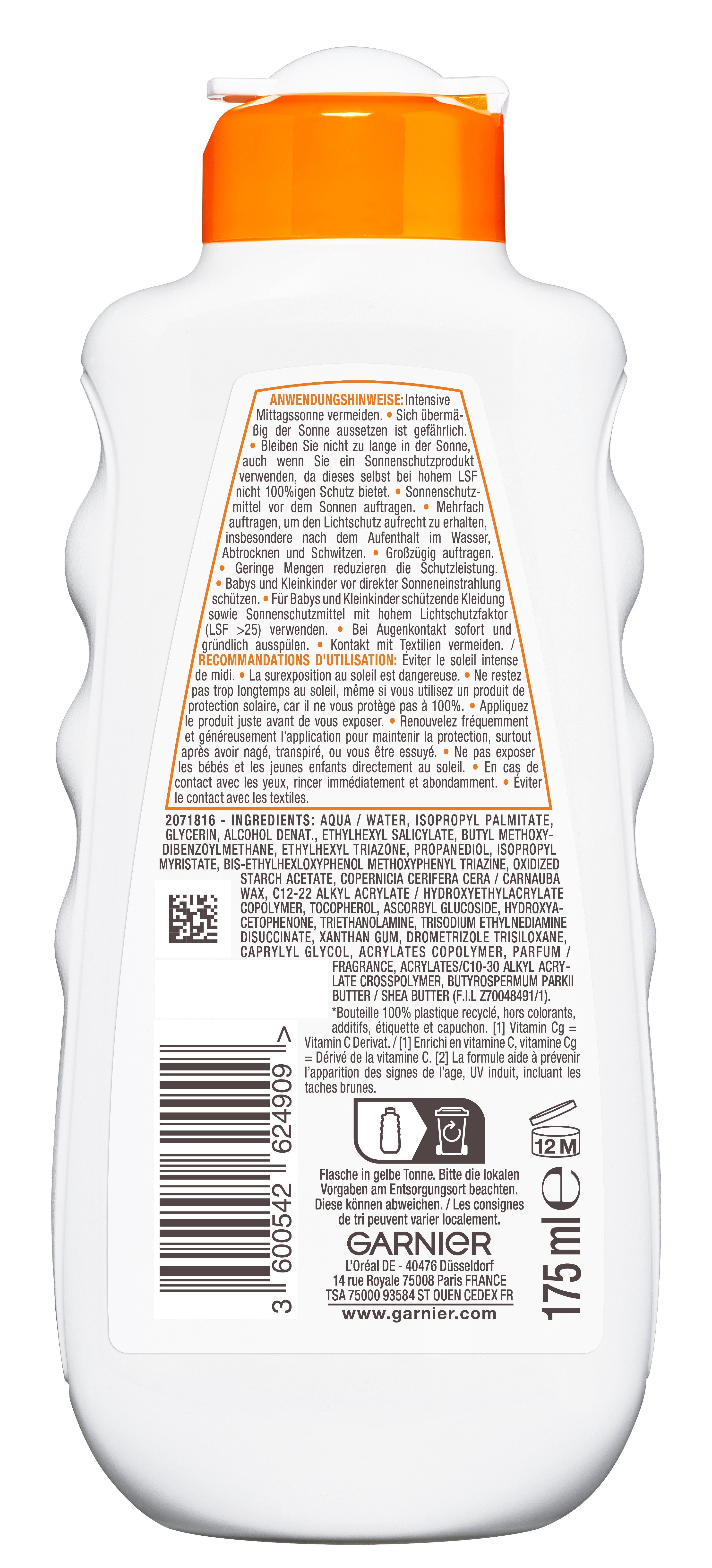 GARNIER Sonnenschutzmilch AMBRE SOLAIRE HYDRA PROTECT+ 24H SONNENSCHUTZ-MILCH LSF 30, Beugt dunkle Flecken vor, wasserfest, zieht schnell ein.