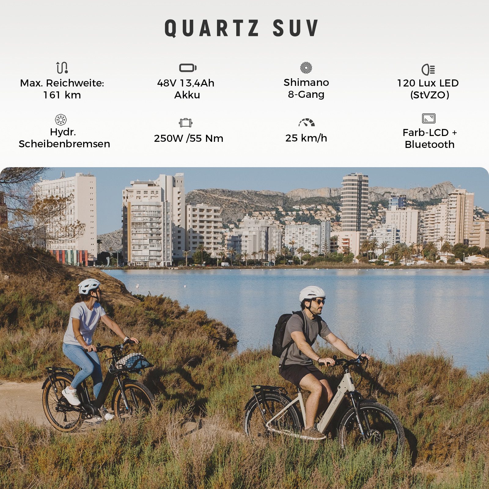 DERUIZ E-Bike Trekkingrad Quartz SUV 27,5 Zoll, bis 160 km, Drehmomentsensor, RH 46 cm, 8 Gang Shimano, Kettenschaltung, Heckmotor 250W, 644 Wh, (5 Stufen,Lockout-Federgabel,LCD-Farb-Display,120 Lux Frontlicht)