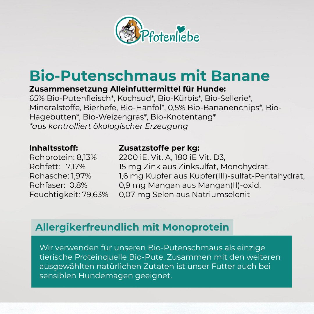 Pfotenliebe Bio-Putenschmaus mit Banane 6x400g, Nassfutter für: Hunde