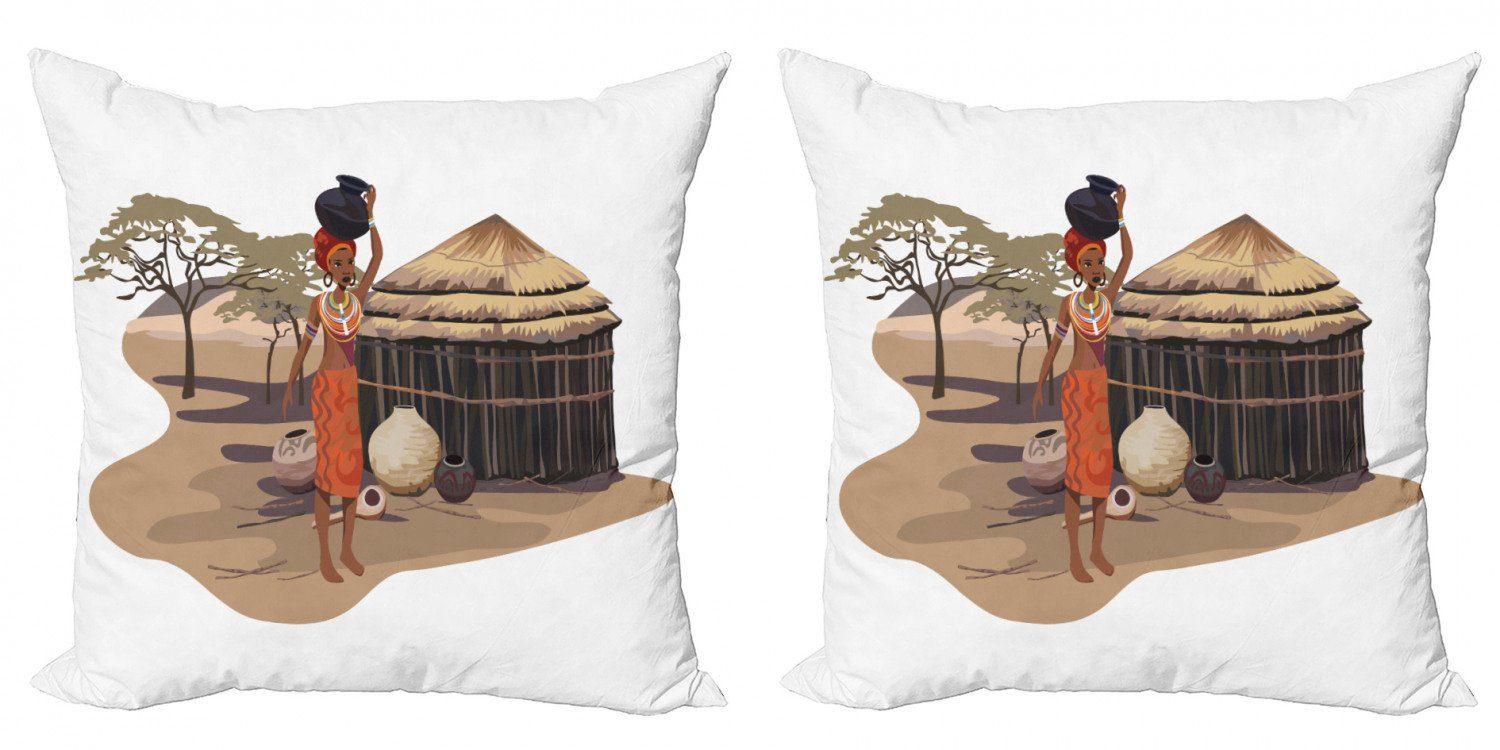 Kissenbezüge Modern Accent Doppelseitiger Digitaldruck, Abakuhaus (2 Stück), afrikanische Frau Frau mit Topf