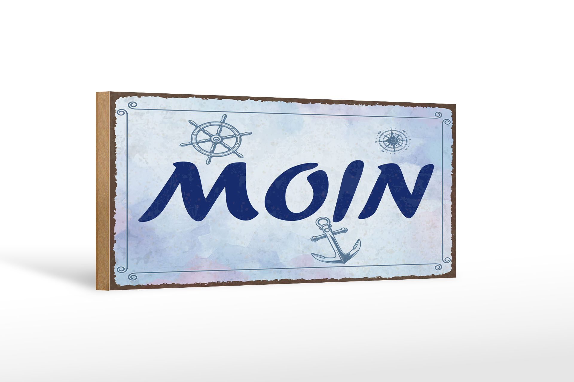 Femer GmbH Holzbild Spruch 27x10 cm Moin Anker Steuerrad Kompass, (1 St), Glatte Holzfaserplatte (MDF), vorn beschichtet