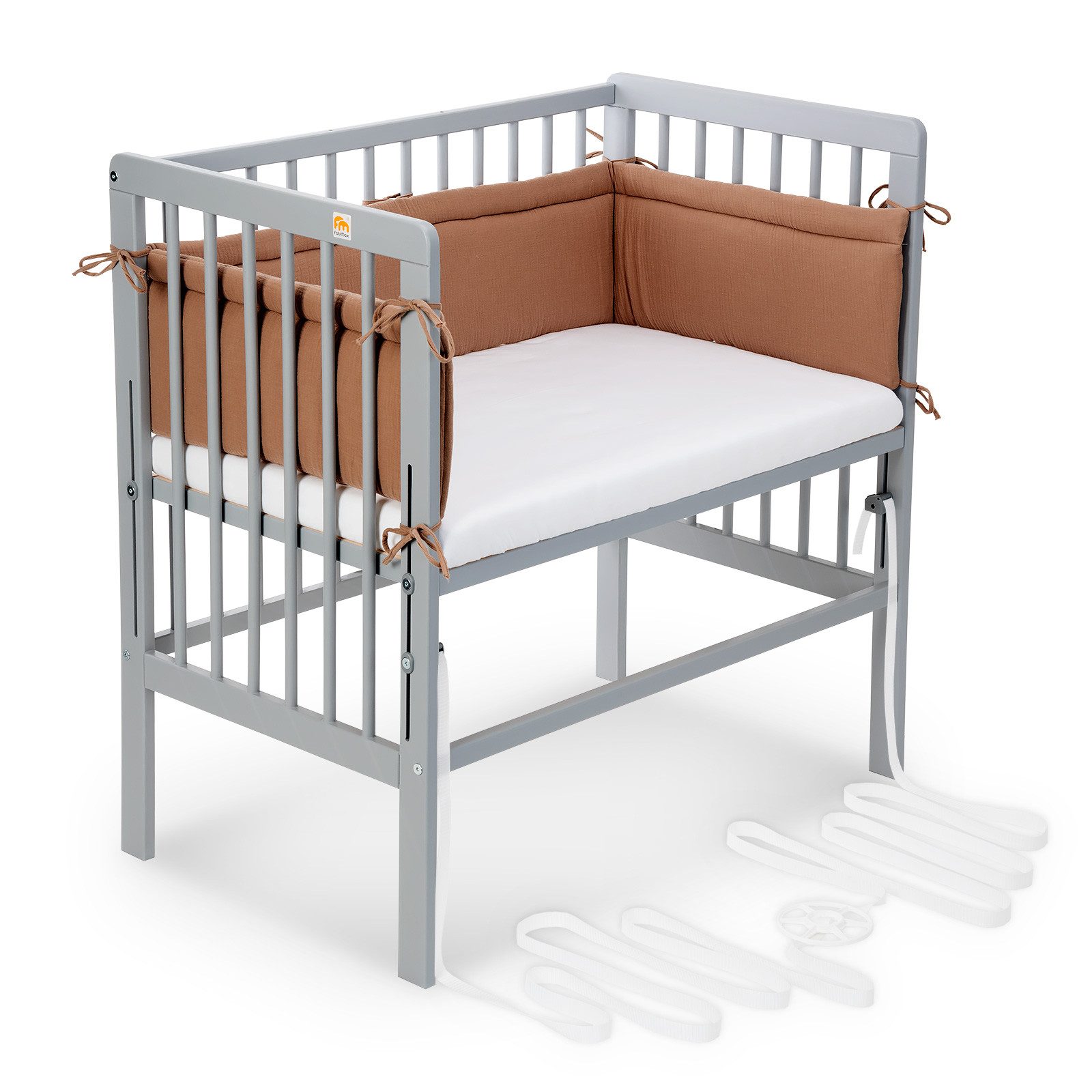 FabiMax Beistellbett Babybett Boxspring grau, 90 x 55 cm Liegefläche, aus Buchenholz, Stufenlos höhenverstellbar 40-73 cm, Holz-Lattenrost