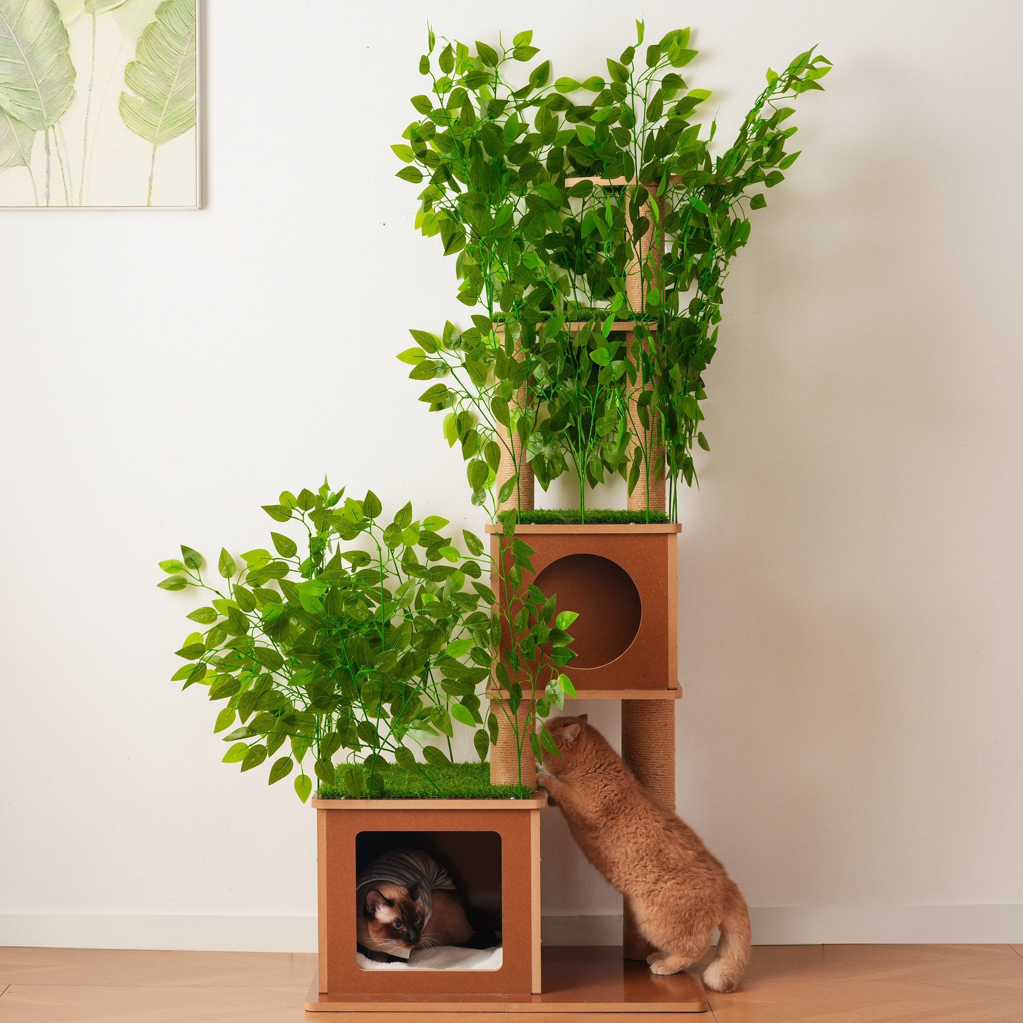 BlingBin Kratzbaum im Baumdesign mit abnehmbaren Kunstblättern, 2 Katzenhöhlen, & 2 Plattformen, Sisalsäulen mit weichen Kissen als Katzenmöbel