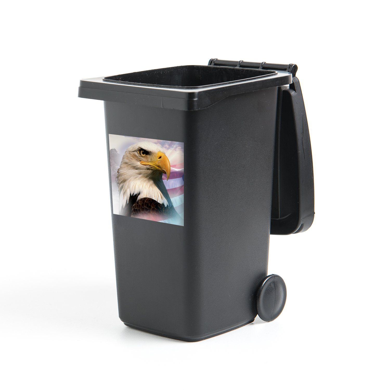 MuchoWow Wandsticker Ein amerikanischer Weißkopfseeadler mit einer amerikanischen Flagge (1 St), Mülleimer-aufkleber, Mülltonne, Sticker, Container, Abfalbehälter