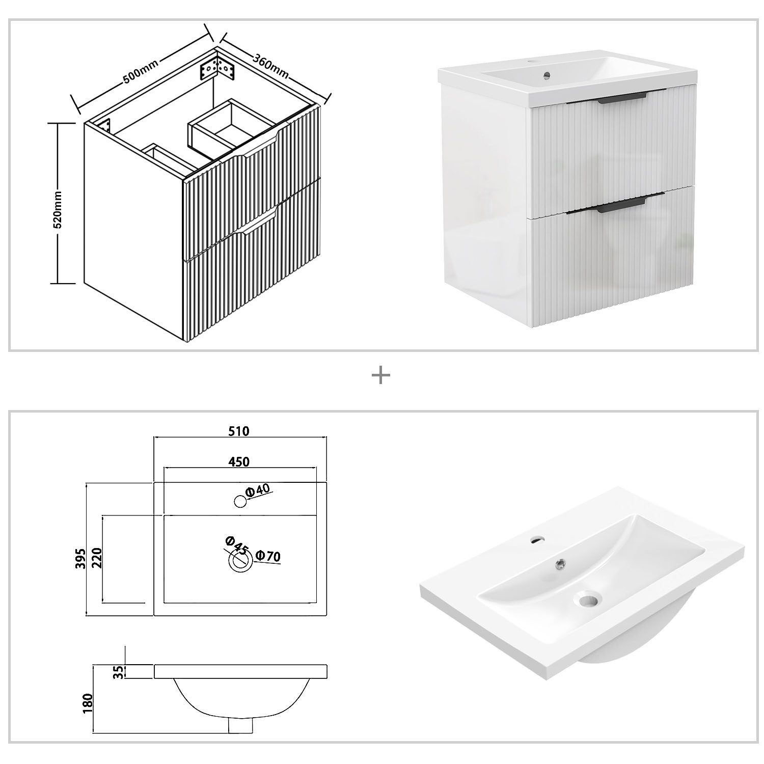 duschspa Waschtisch Waschbecken mit Unterschrank Badmöbel Set Hängeschrank, mit Griffe, 50/60/80/100/120 cm – Bild 5 von 5