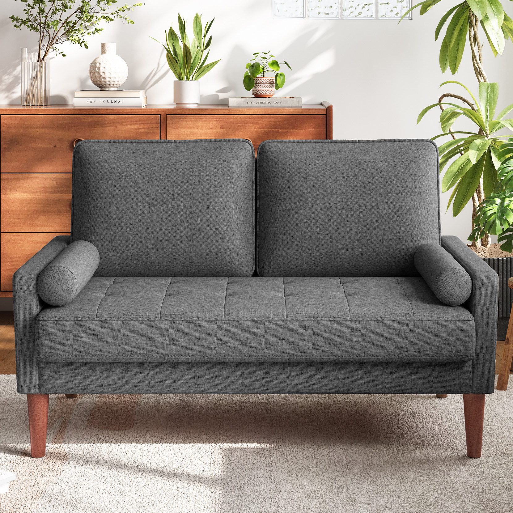 OUNUO Sofa 121cm Kleines Loveseat Sofa Couch aus Samt und Leinen mit 2 Zierkissen