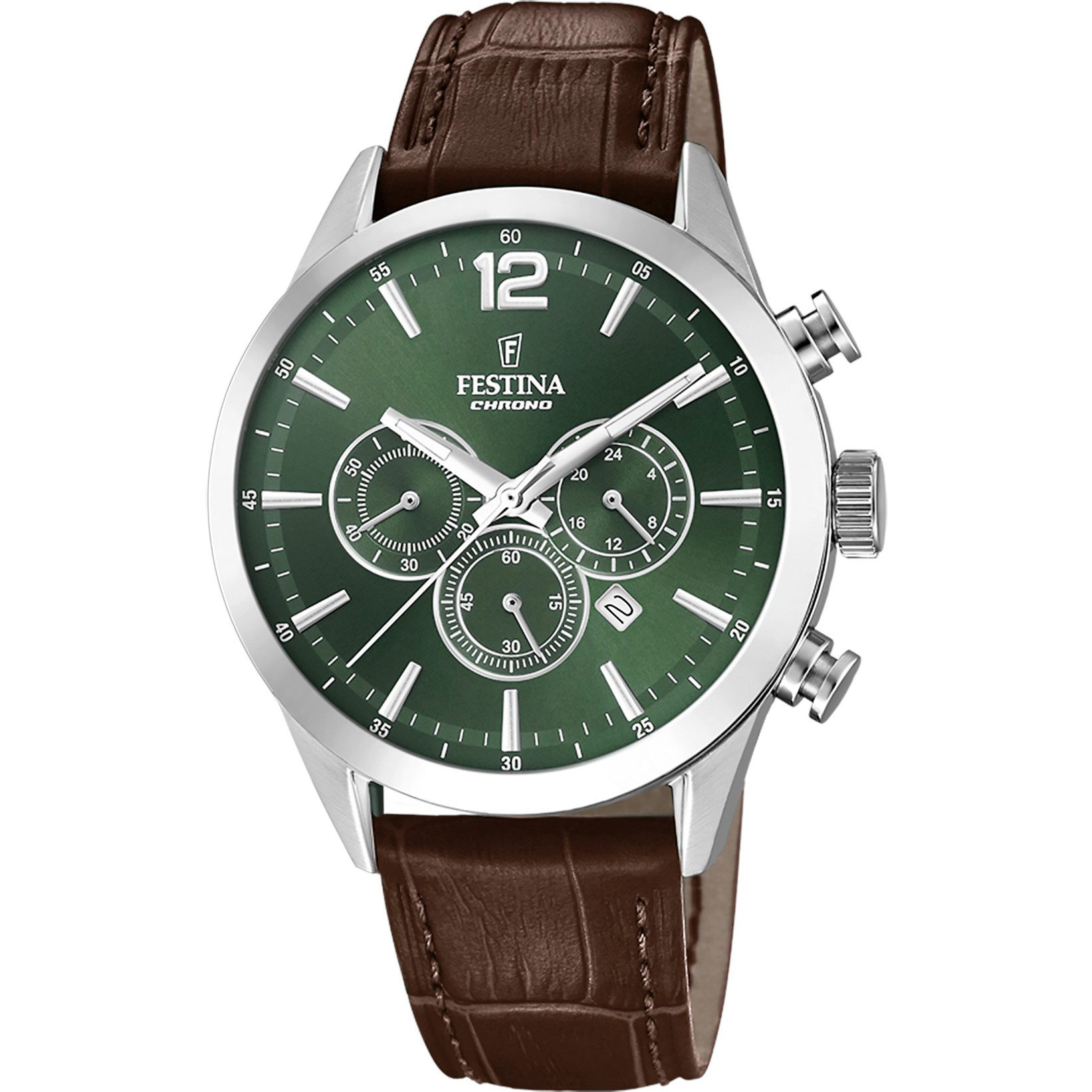 Chronograph 43,5 mm – Herrenuhr mit grünem Zifferblatt & braunem Lederband F20542/8