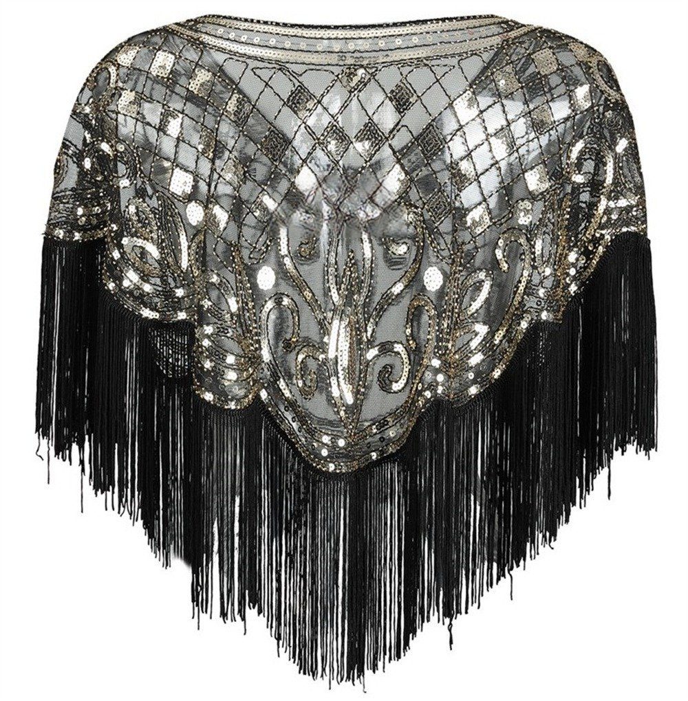 Frauen, für 1920er-Jahre der Dekorative Stola 20er Gatsby-Party-Kostüm Schwarz Frauen Quasten Schal (1-St), Pailletten-Schal, für Schal Jahre