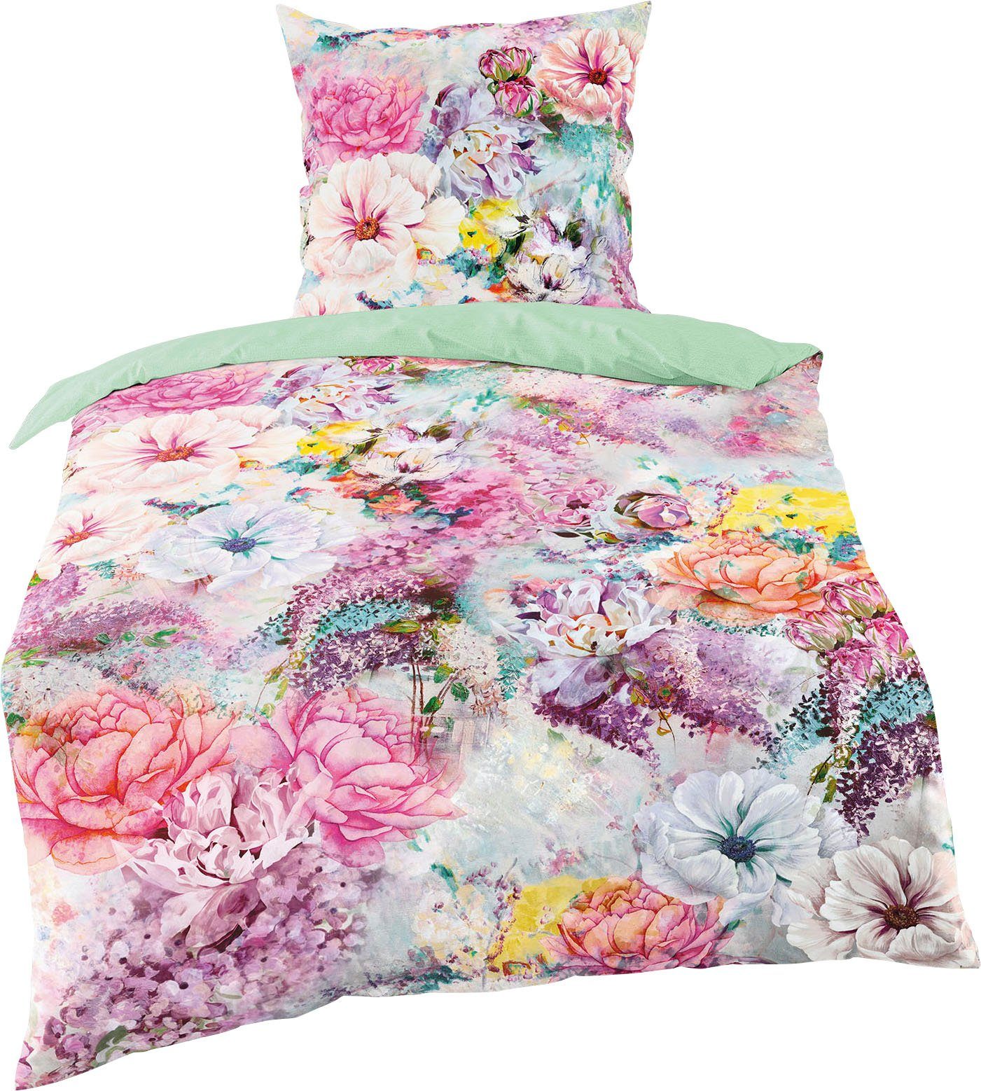 BIERBAUM Wendebettwäsche Colorful Flowers, Mako-Satin, 2 teilig, mit floralem Digitalprint