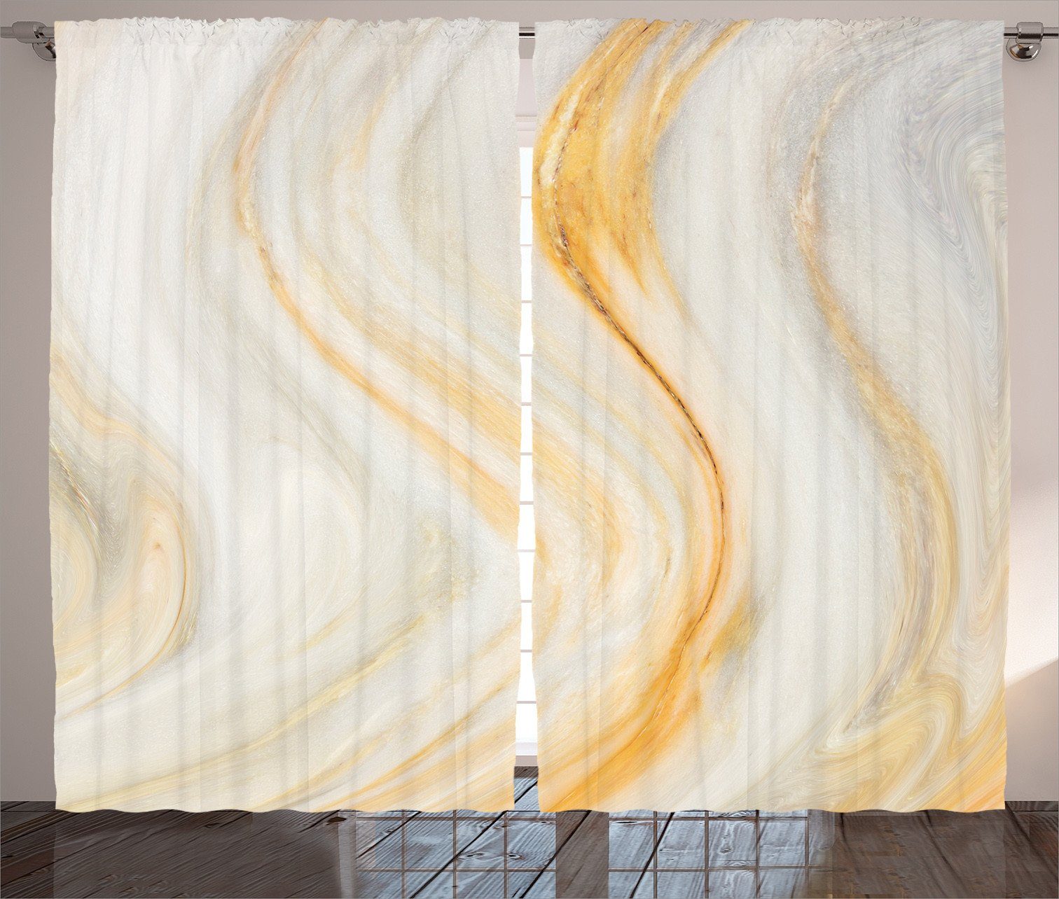 Gardine Schlafzimmer und Wellenförmige Schlaufen mit Haken, Kräuselband Elfenbein-Creme Marmor-Effekt Vorhang Abakuhaus