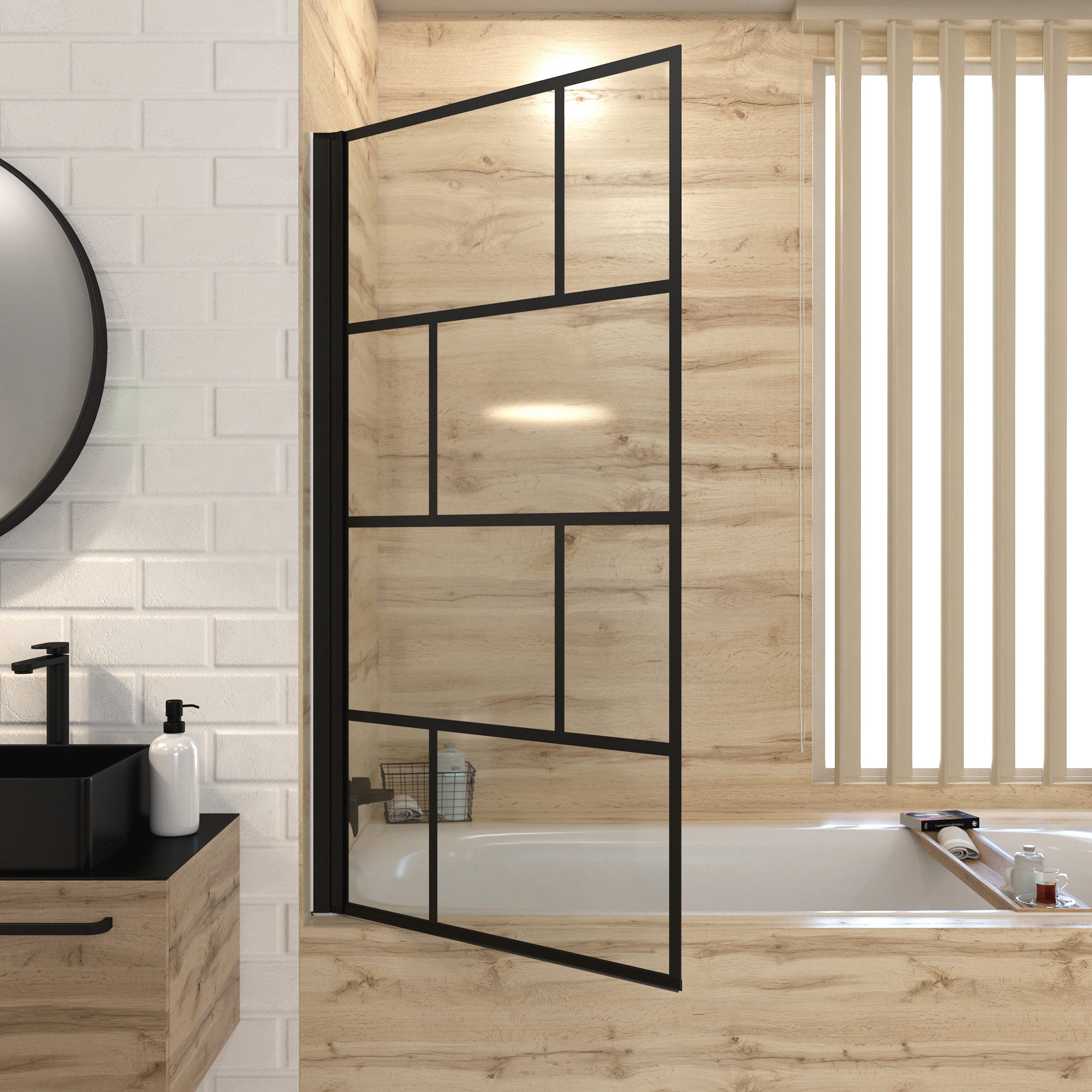 Marwell Badewannenfaltwand Bricks, Einscheibensicherheitsglas, für Badewanne, mit Handtuchhalter, hochwertiger Aluminiumrahmen