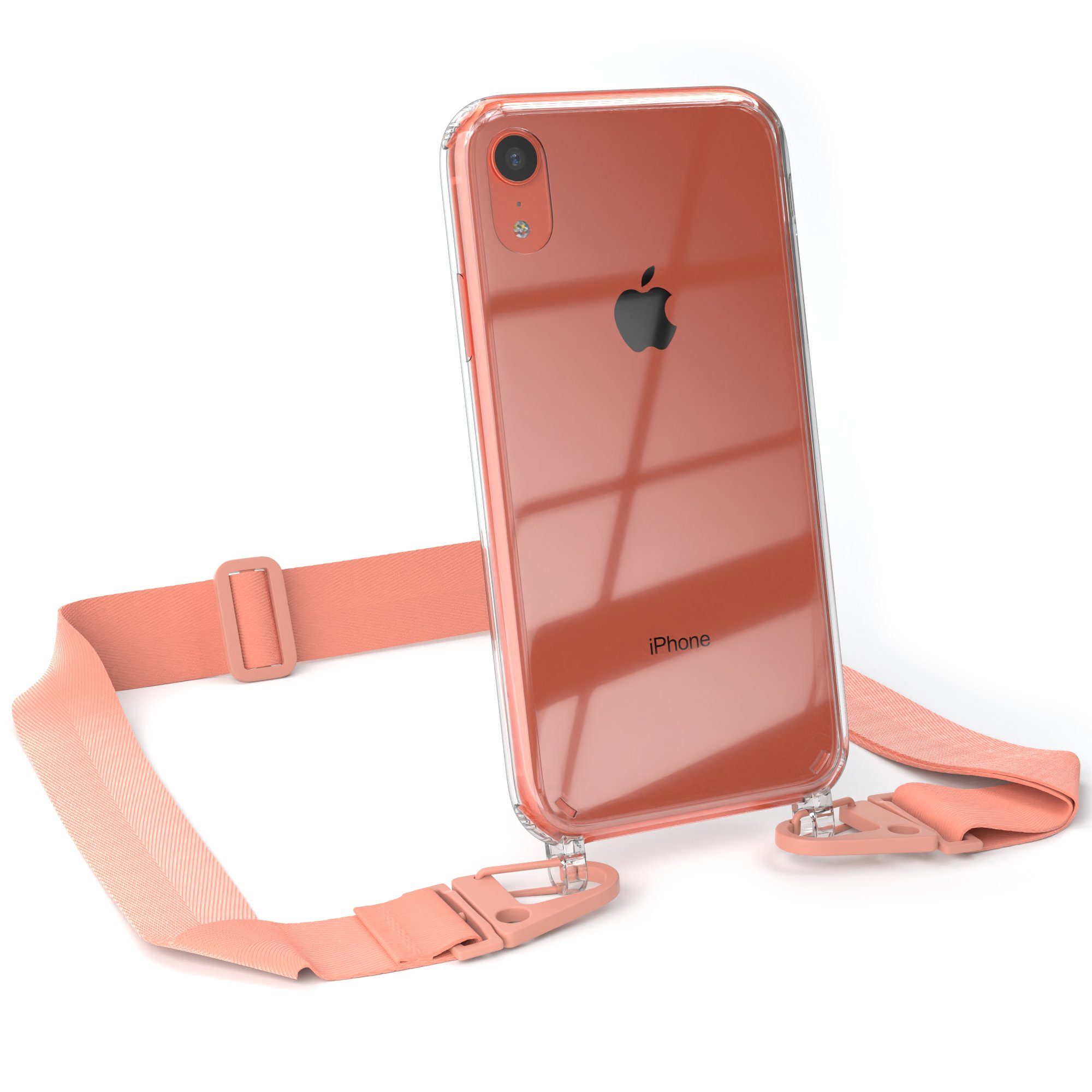 EAZY CASE Handykette Silikon Kette Karabiner für Apple iPhone XR 6,1 Zoll, Silicon Handyhülle mit breiter Kette Carabiner Necklace Altrosa Coral