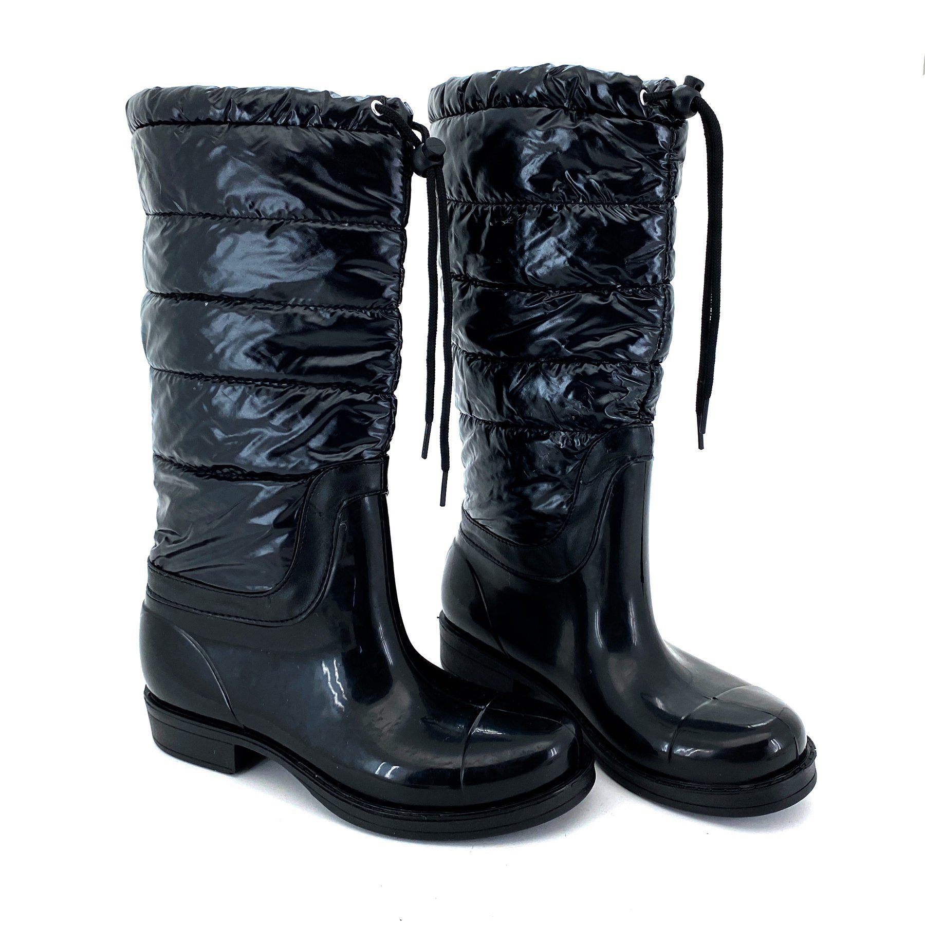 heimtexland Gummistiefel Daunen Stiefel Hochschaft Trend Boots Gummistiefel (Typ880, Schwarz-Glanz) gesteppt I wasserdicht I Damen Mädchen Regenstiefel