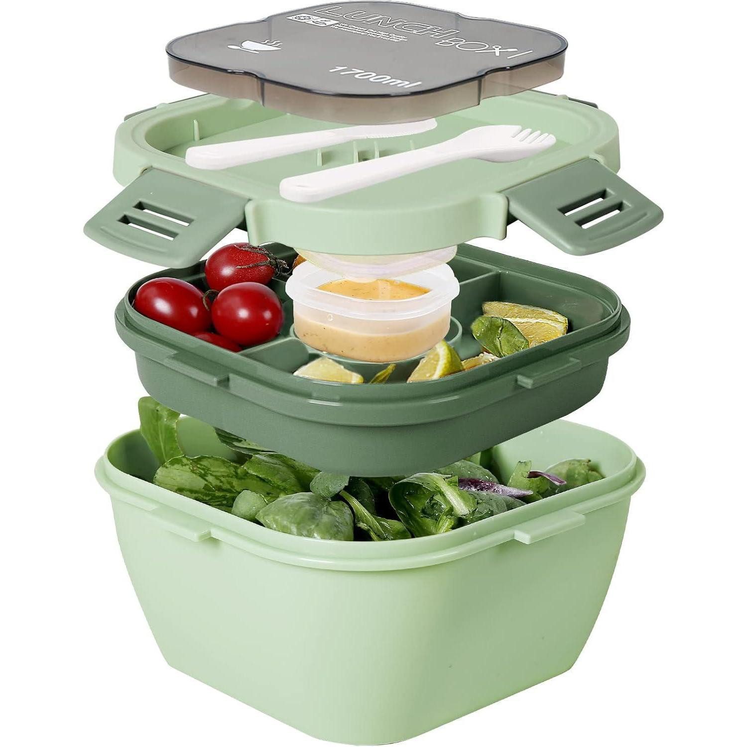 LuxusKollektion Salatbox Salatbehälter Fächer Lunchbox Besteck Kinder ToGo 1700 ML Dunkelgrün