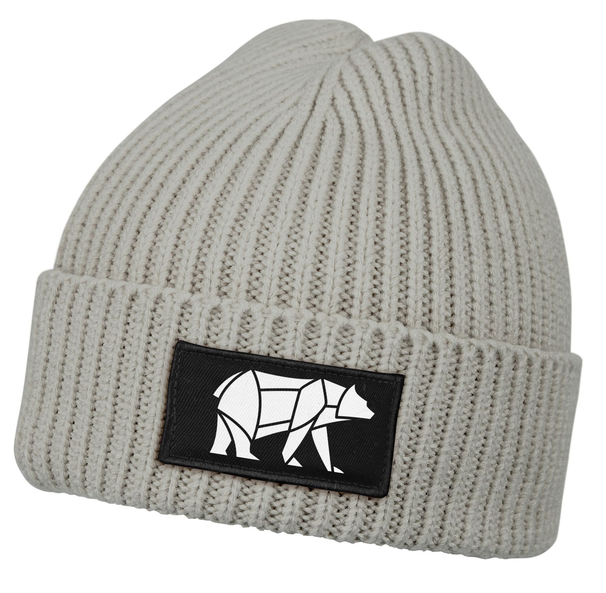 Strickmütze Herren Beanie Wintermütze mit Patch Bär Lineart Polygon Natur