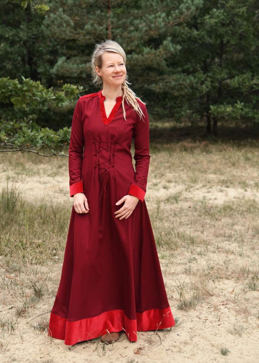 Battle Merchant Burgfräulein-Kostüm Mittelalterliches Kleid mit Samt-Details weinrot "Meira" L