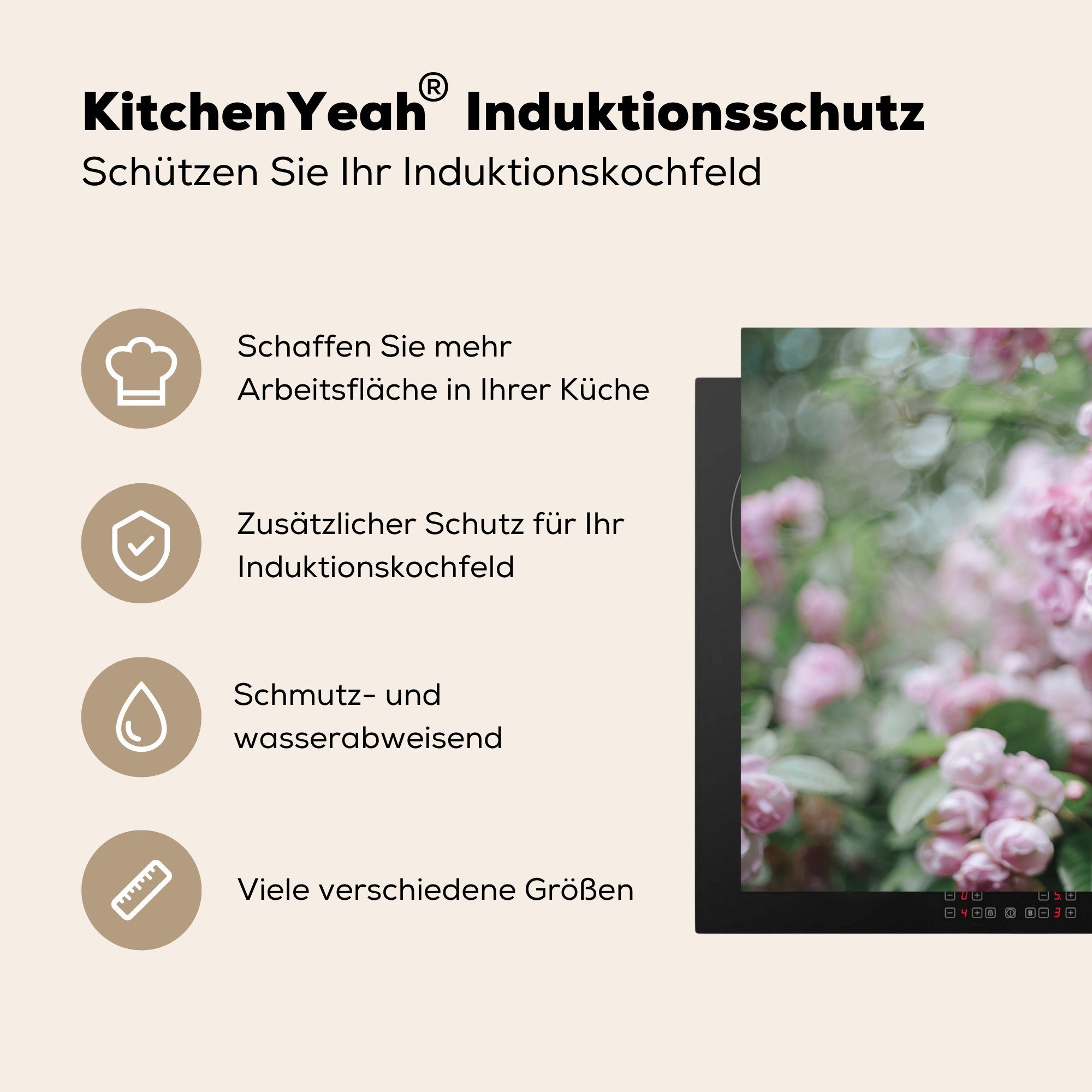 Schutz für Induktionskochfeld Herdblende-/Abdeckplatte - tlg), (1 Vinyl, Blatt, - Ceranfeldabdeckung die MuchoWow Kletterrose cm, 81x52 Rosa küche,