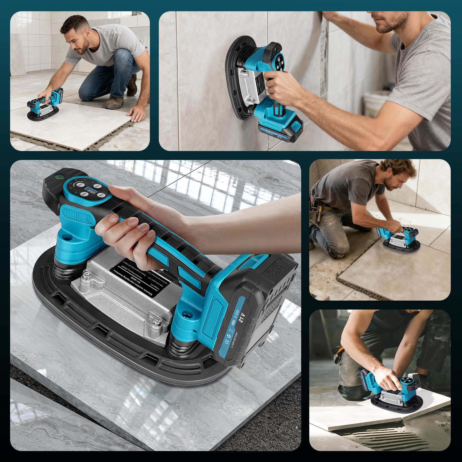 XERSEK Akku-Multifunktionswerkzeug Elektrische Fliesenleger Maschine Fliesenvibrator Fliesenrüttler, 250kg Tragkraft, 9 Gang, mit 2x2.0Ah Akku, 225 * 120mm Saugnapf, Fliesen Vibrationsgerät, Maschine für 0.3-1.8m Wand Bodenfliesen