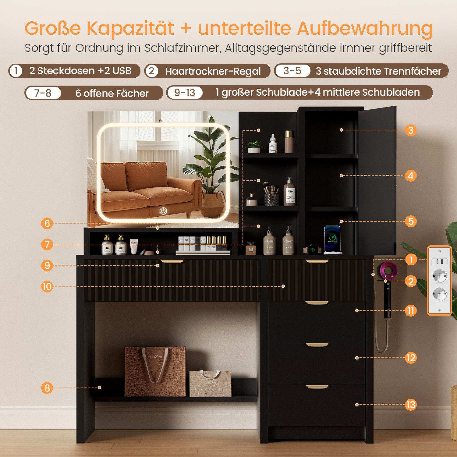 Lexzurn Schminktisch Schminktisch mit LED-Beleuchtung, Kosmetiktisch mit Spiegel, 5 Schubladen+8 offene Fächer, Helligkeit verstellbar, 90x139x40 cm – Bild 4 von 5