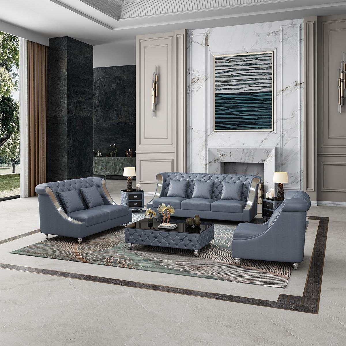 Polster Modern Sofagarnitur Wohnzimmer-Set, Couch JVmoebel 1 2 Sitzer 3 Design Couchen Sofa Set Blau