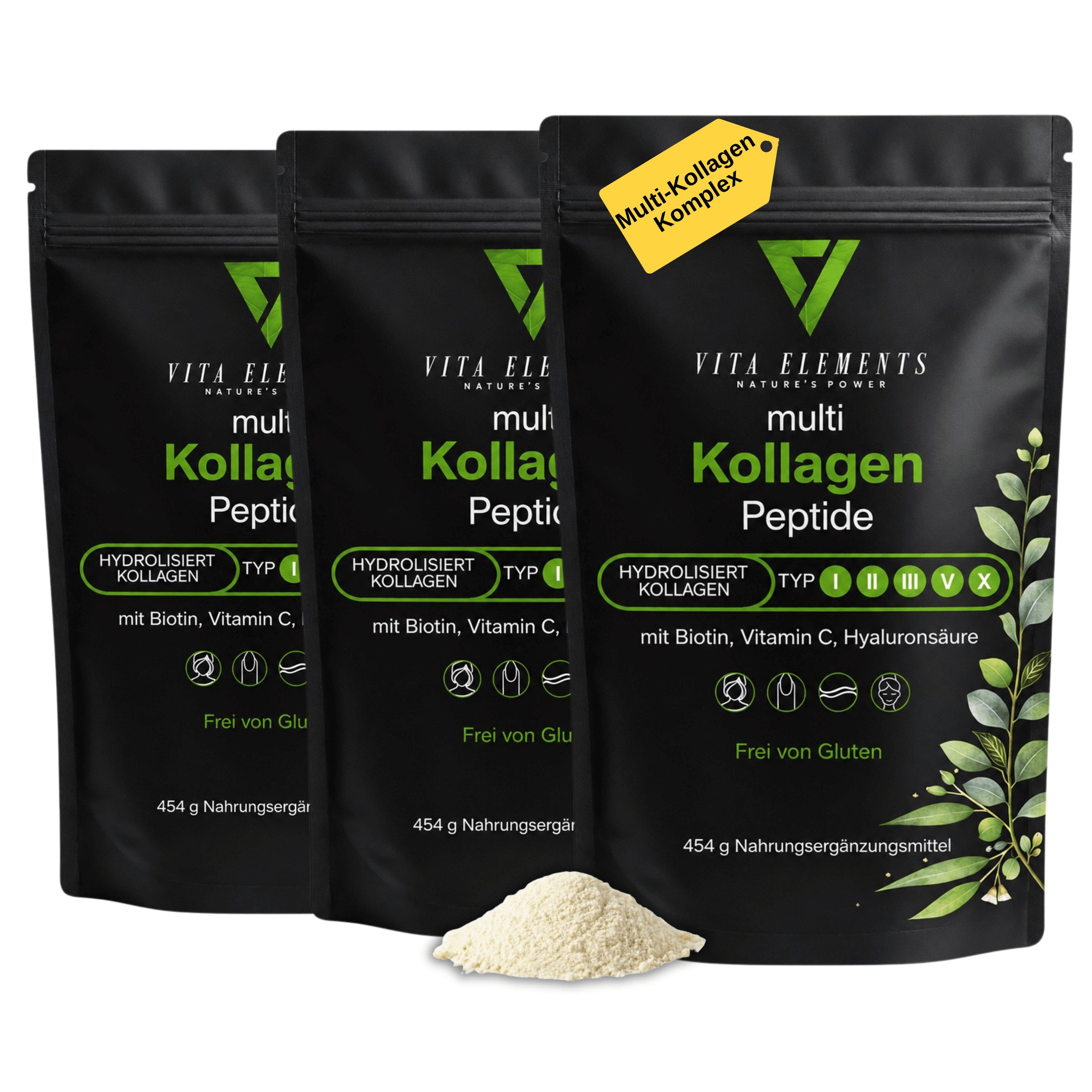 Vita Elements 3er Set Kollagen Peptide Typ I, II, III, V, X Pulver, Glutenfrei ohne Gentechnik Laborgeprüft in Deutschland