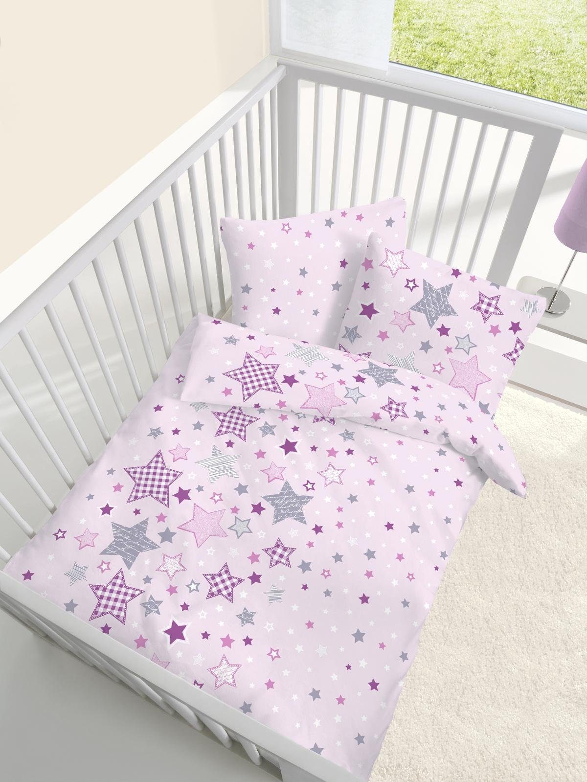 Babybettwäsche Baby Fein Biber Bettwäsche rosa mit Sternen 100x135 + 40x60 cm