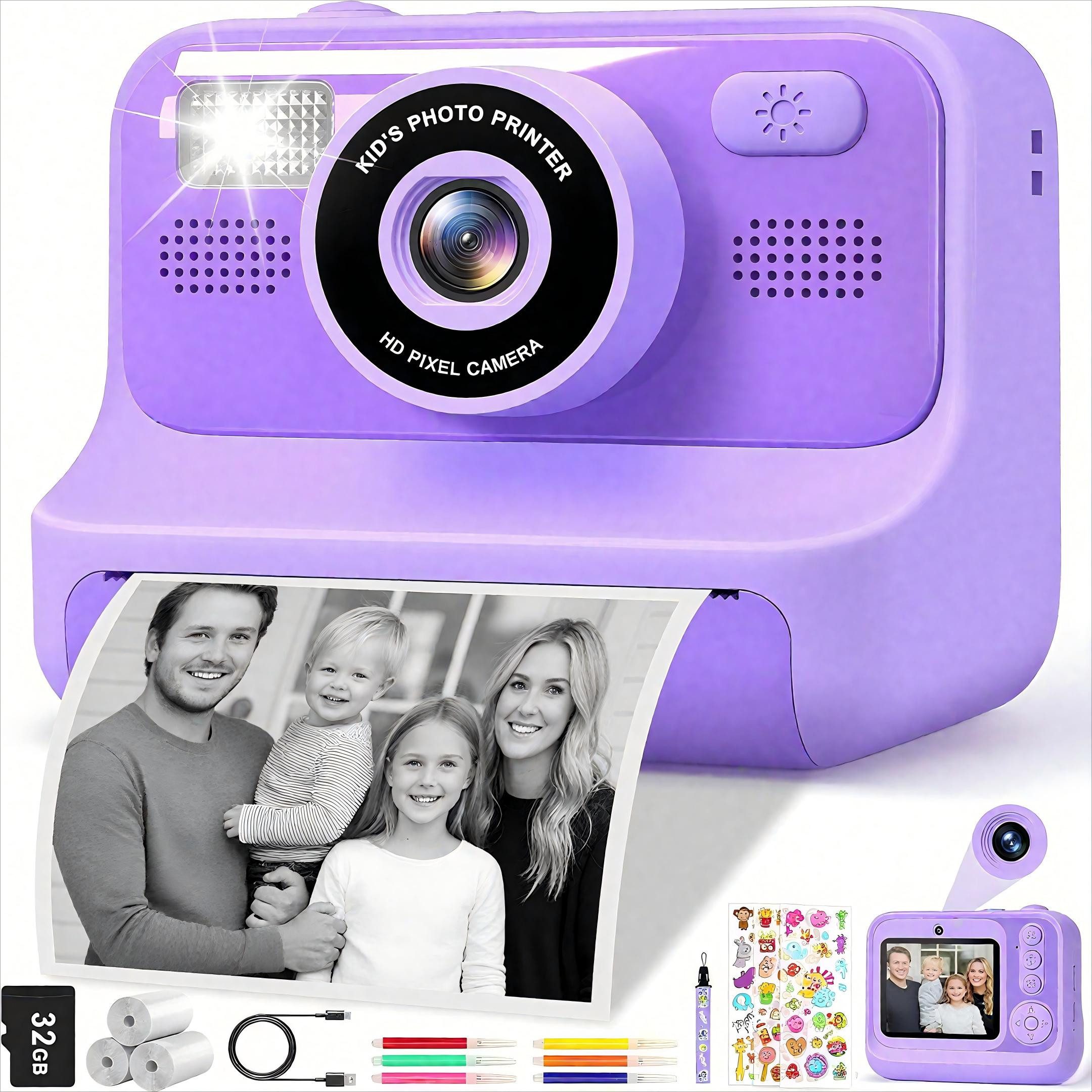 Ophy 1080P Kinderkamera mit Selfie-Funktion & 32GB Speicher (inkl. Sofortbildkamera (Lila), ideales Geburtstagsgeschenk für Mädchen & Jungen (3–11 Jahre)