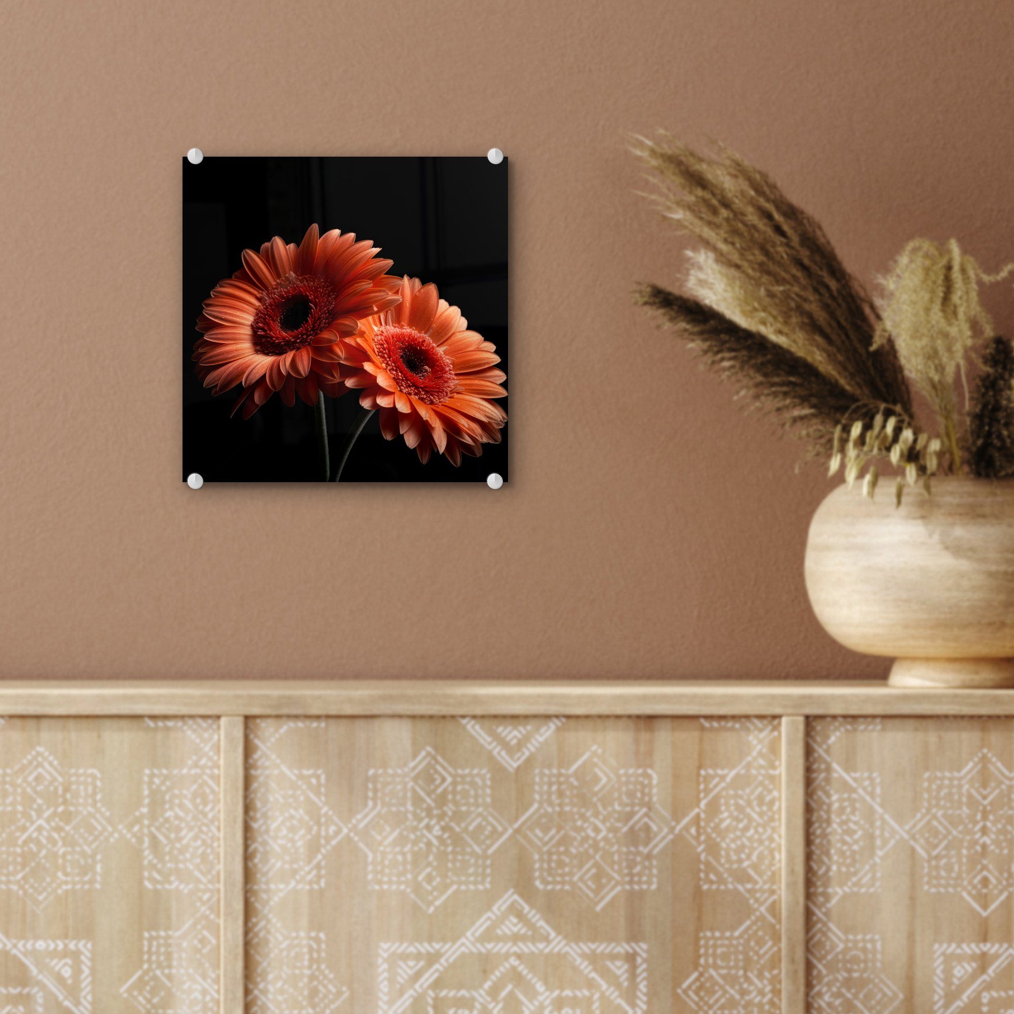 - - Foto Bilder auf Wanddekoration MuchoWow Gerbera Blumen Botanisch Glas - - Wandbild Acrylglasbild Orange Glas - Schwarz, St), - (1 auf Glasbilder -