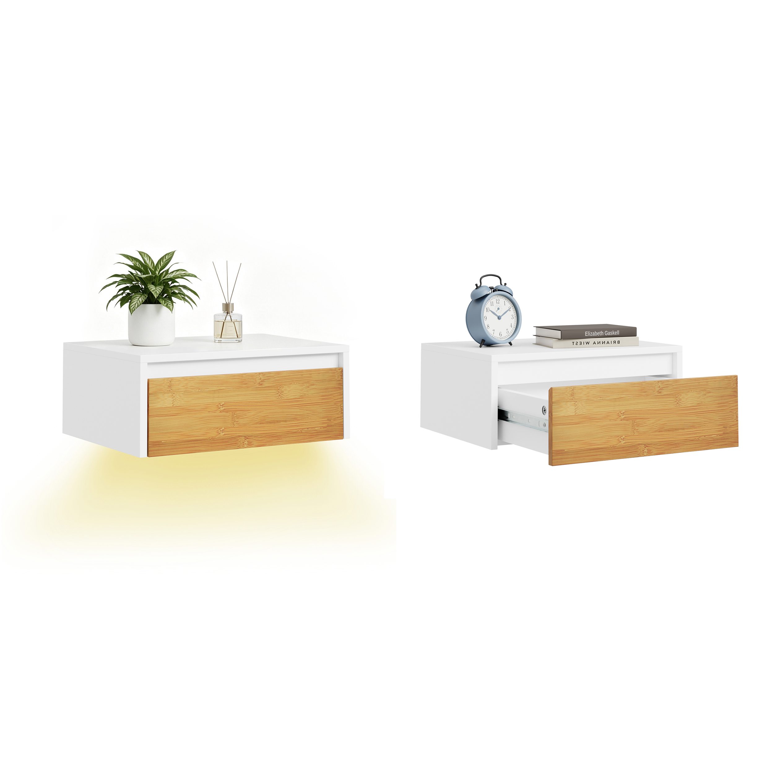 SoBuy Nachttisch FBT174/175, 2er set Nachtschrank Nachttisch hängend, Bettablage, Wandregal mit Bewegungssensor Licht, mit Schublade, Schlafzimmer