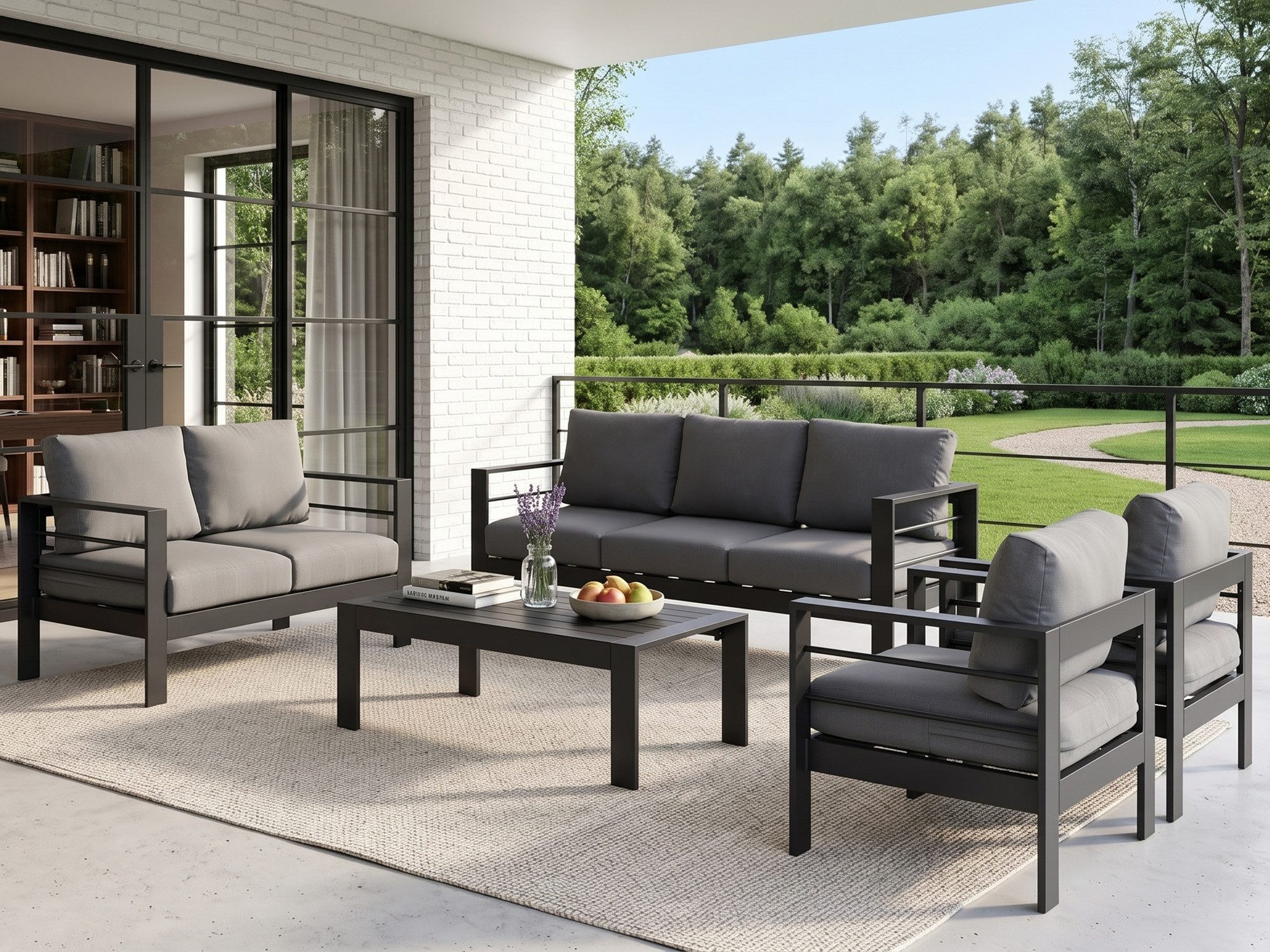 MeXo Gartenlounge-Set Gartenmöbel Set Aluminium wetterfest 6-7 Personen, (12cm Deluxe Relax-Sitzkissen, 5-tlg., Belastbarkeit pro Sitzplatz 140kg), outdoor Gartensofa mit Tisch, 8 cm breite Armlehne