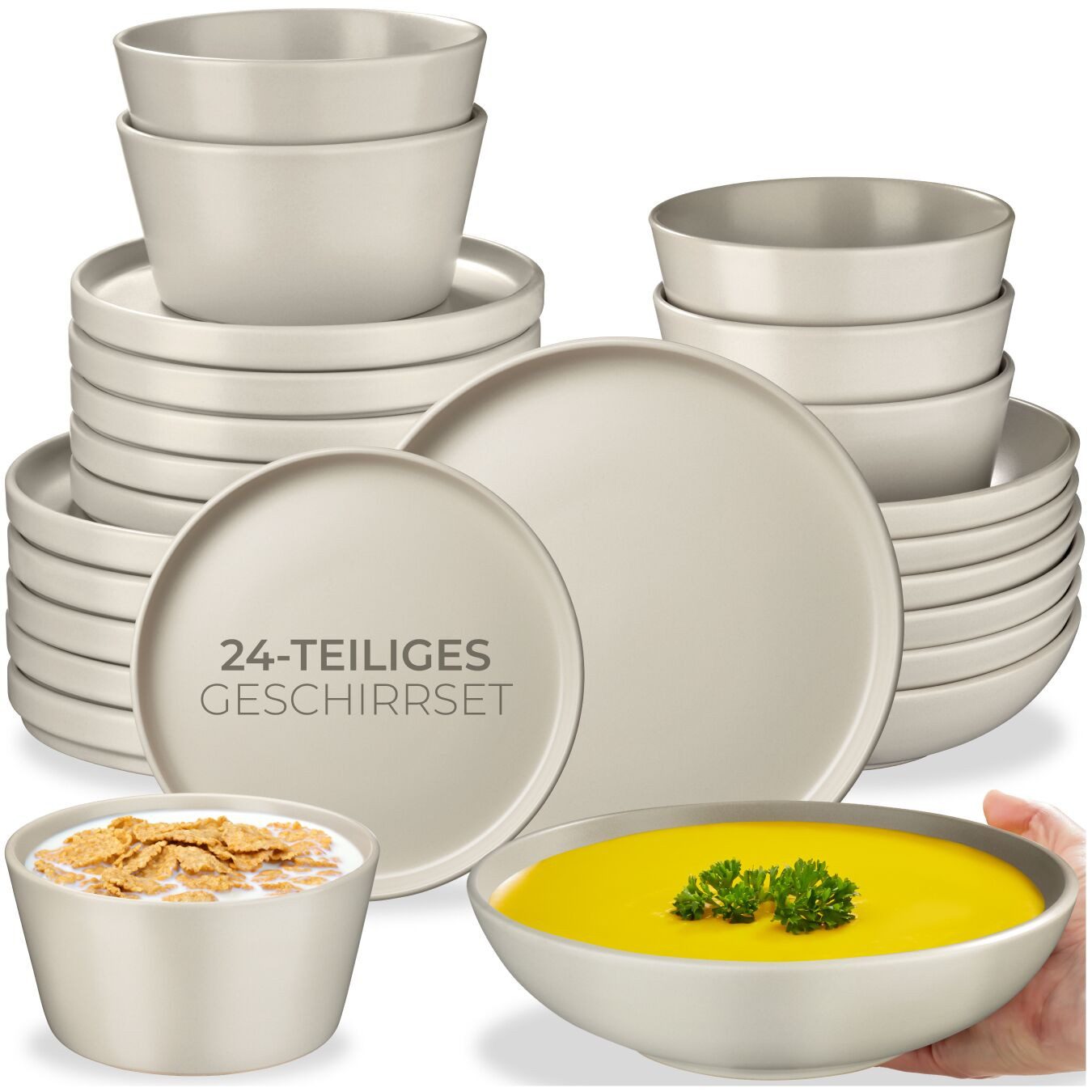 tectake Geschirr-Set Tafelservice aus Steingut für 6 Personen, ineinander stapelbar (24-tlg), 6 Personen, Steingut, im Urban-Style, mit Glasur, spülmaschinen- und mikrowellengeeignet