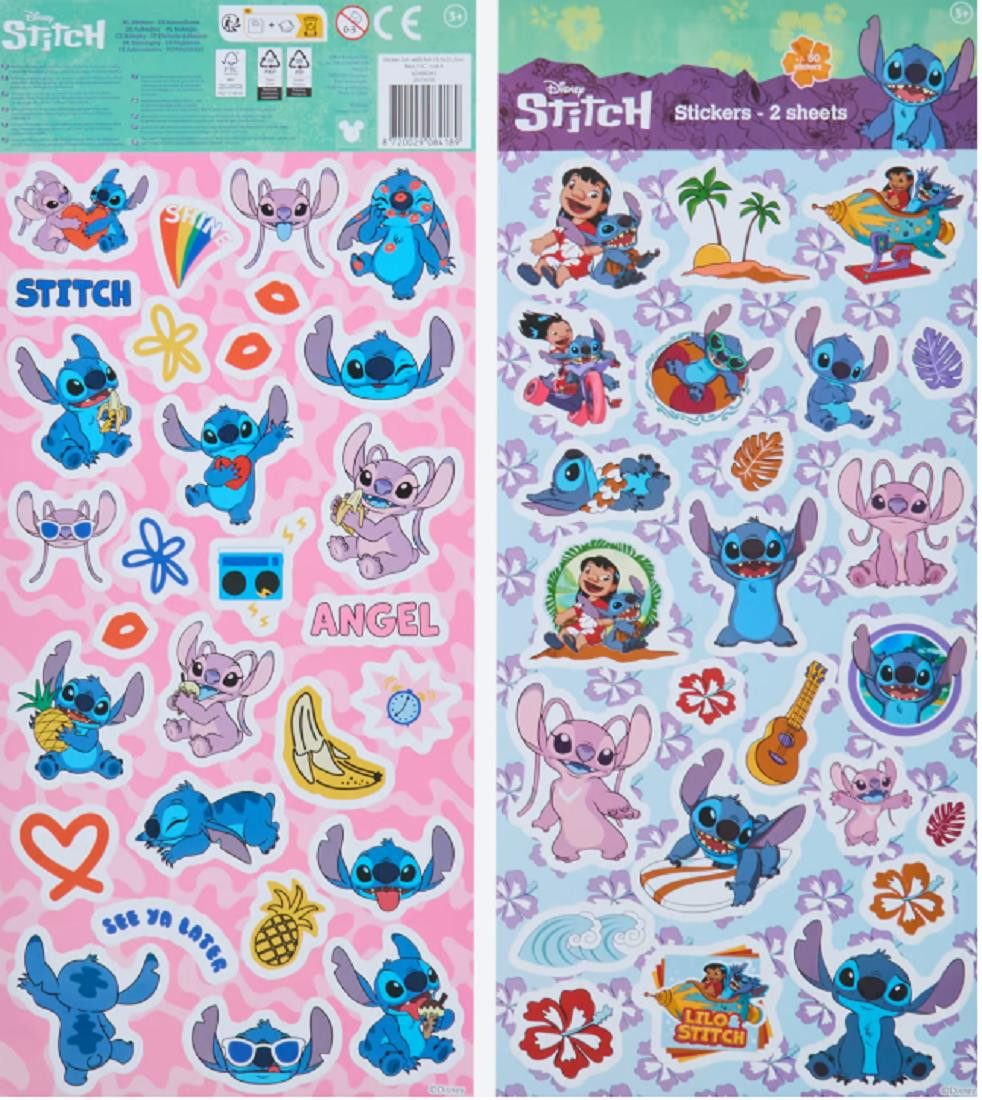 Disney Sticker Lilo&Stitch Aufkleber 2 Bögen über 50 Sticker Klebebilder blau pink, (Set 2-tlg), mit Angel, Stitch, Schrulle und seine Freunde