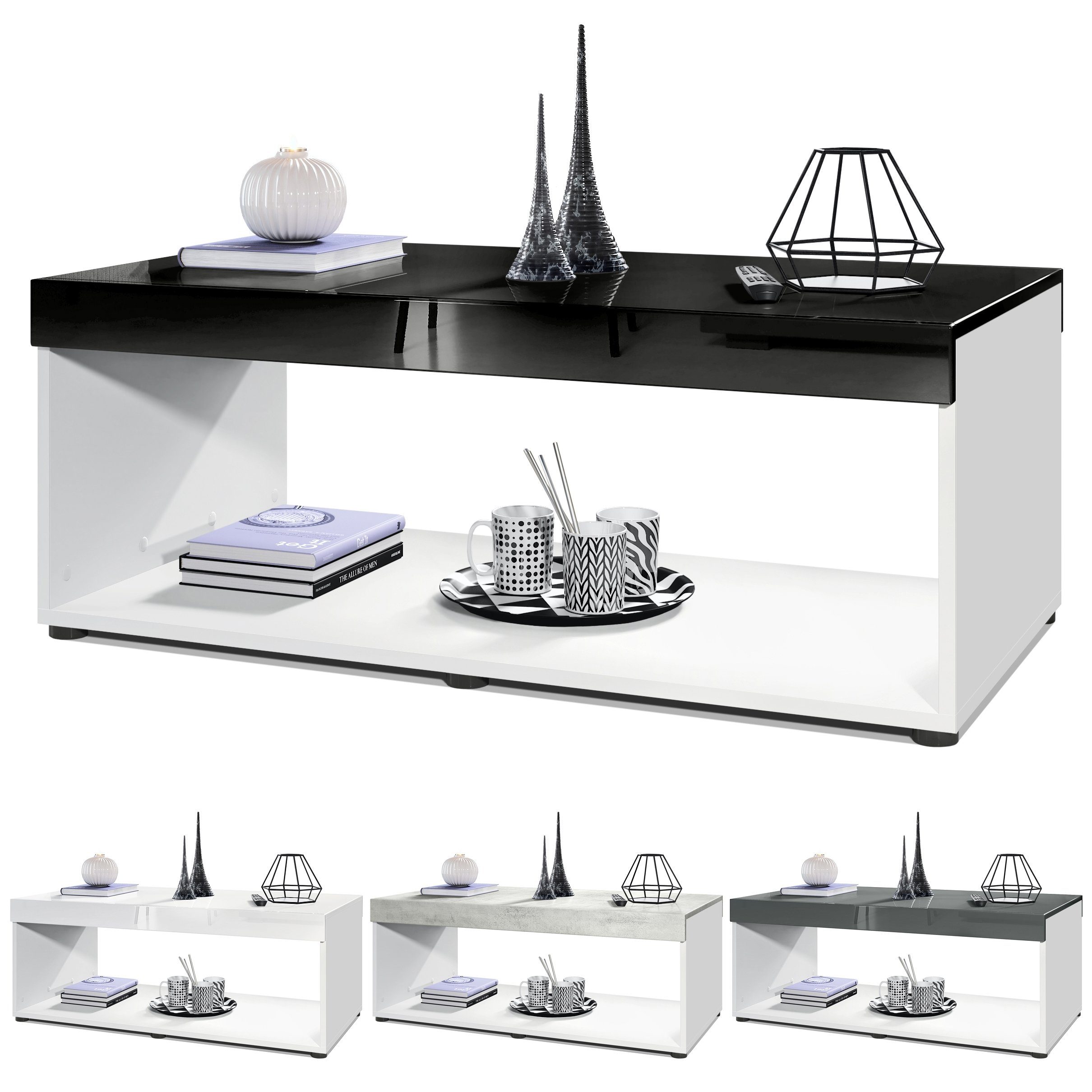 Tischplatte (Wohnzimmertisch, 58 Hochglanz Vladon x Couchtisch matt/Schwarz Schwarz in Blenden Weiß Pure Kastenform), Hochglanz cm) x in (104 und 40,5