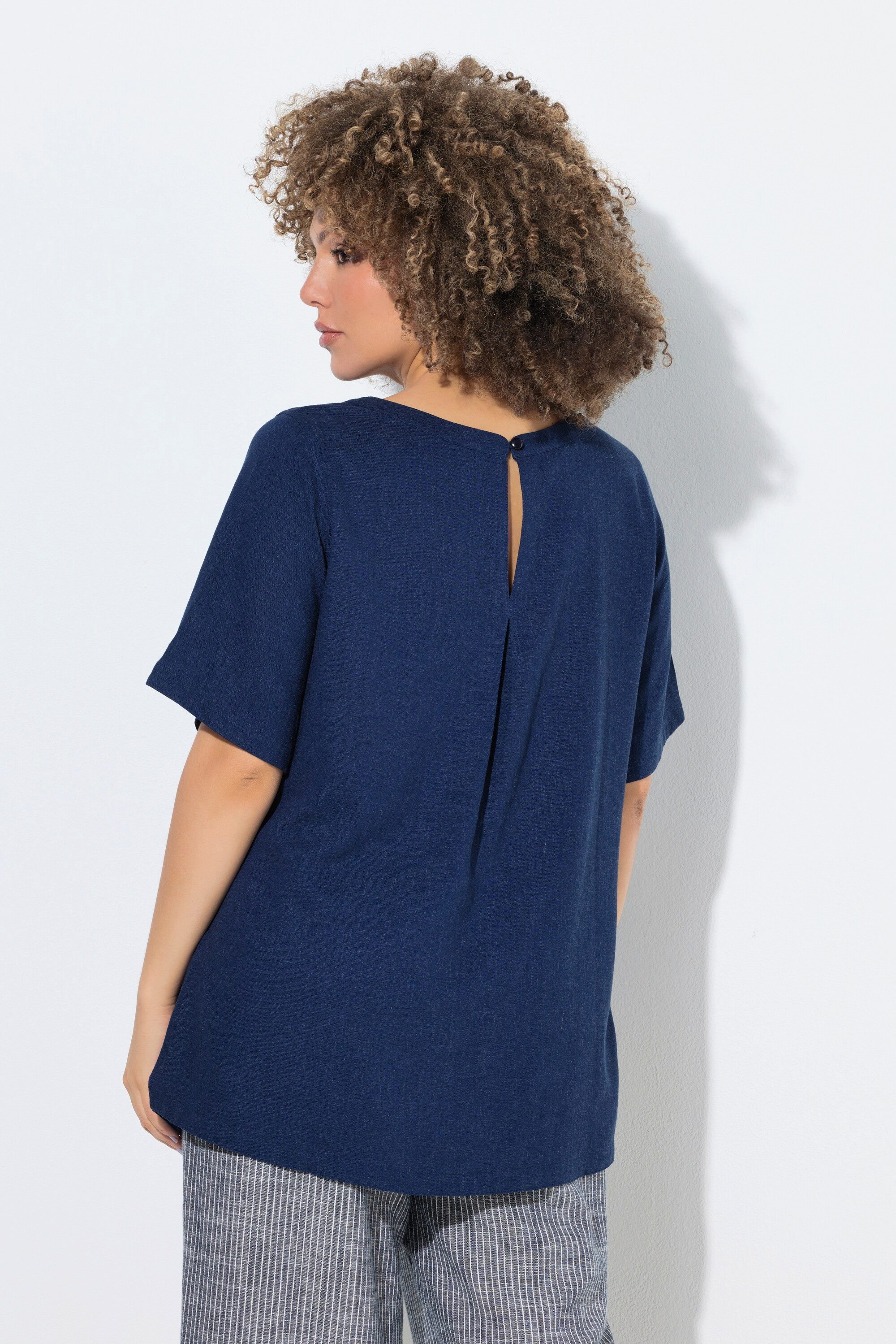 Ulla Popken Longbluse Bluse Leinenmix A-Linie Rundhals Halbarm