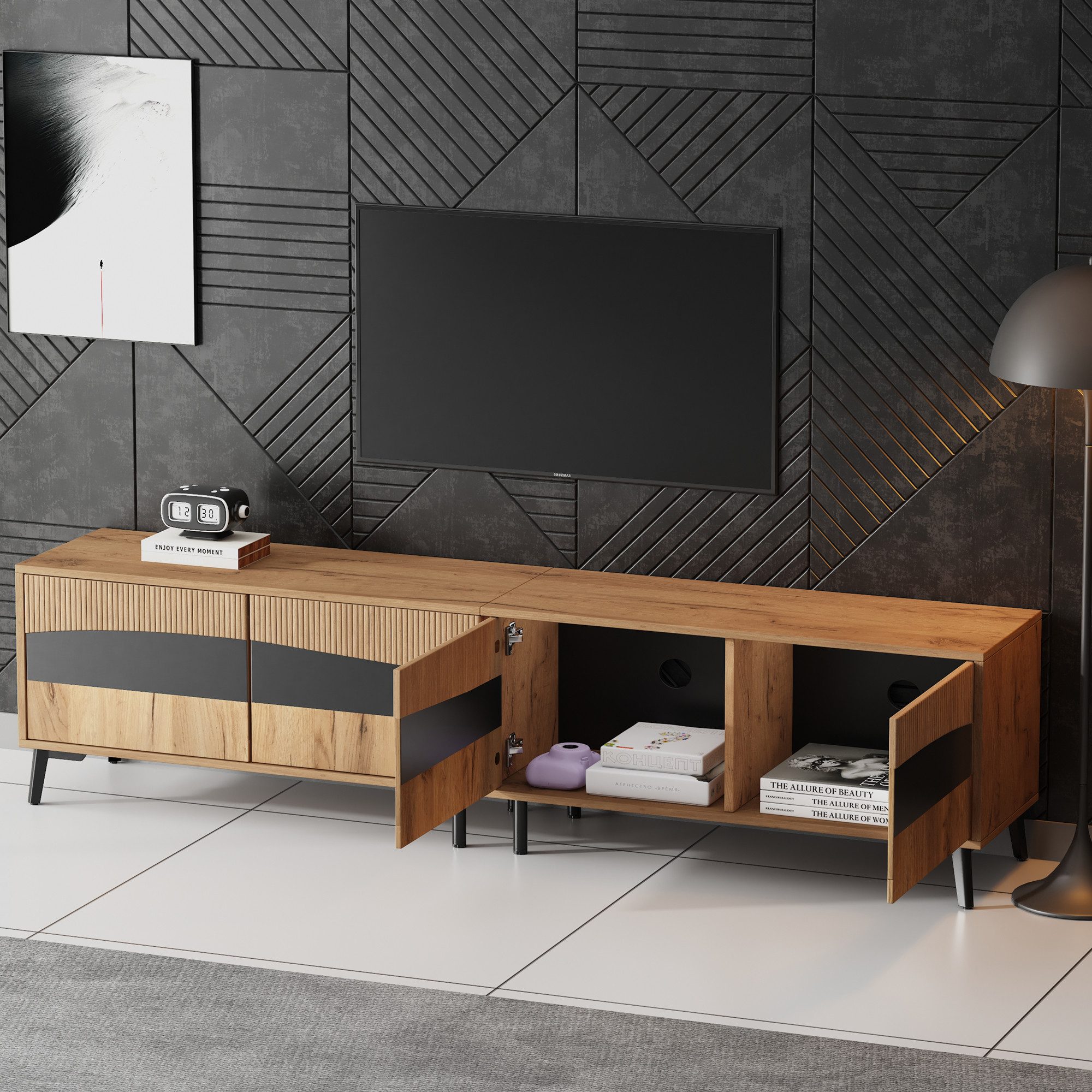 Merax Lowboard mit Holzmaserung-Oberfläche (1 St), TV Schrank mit 4 Schränken und 8 Beinen, Fernsehschrank, 180x40x50cm – Bild 4 von 5