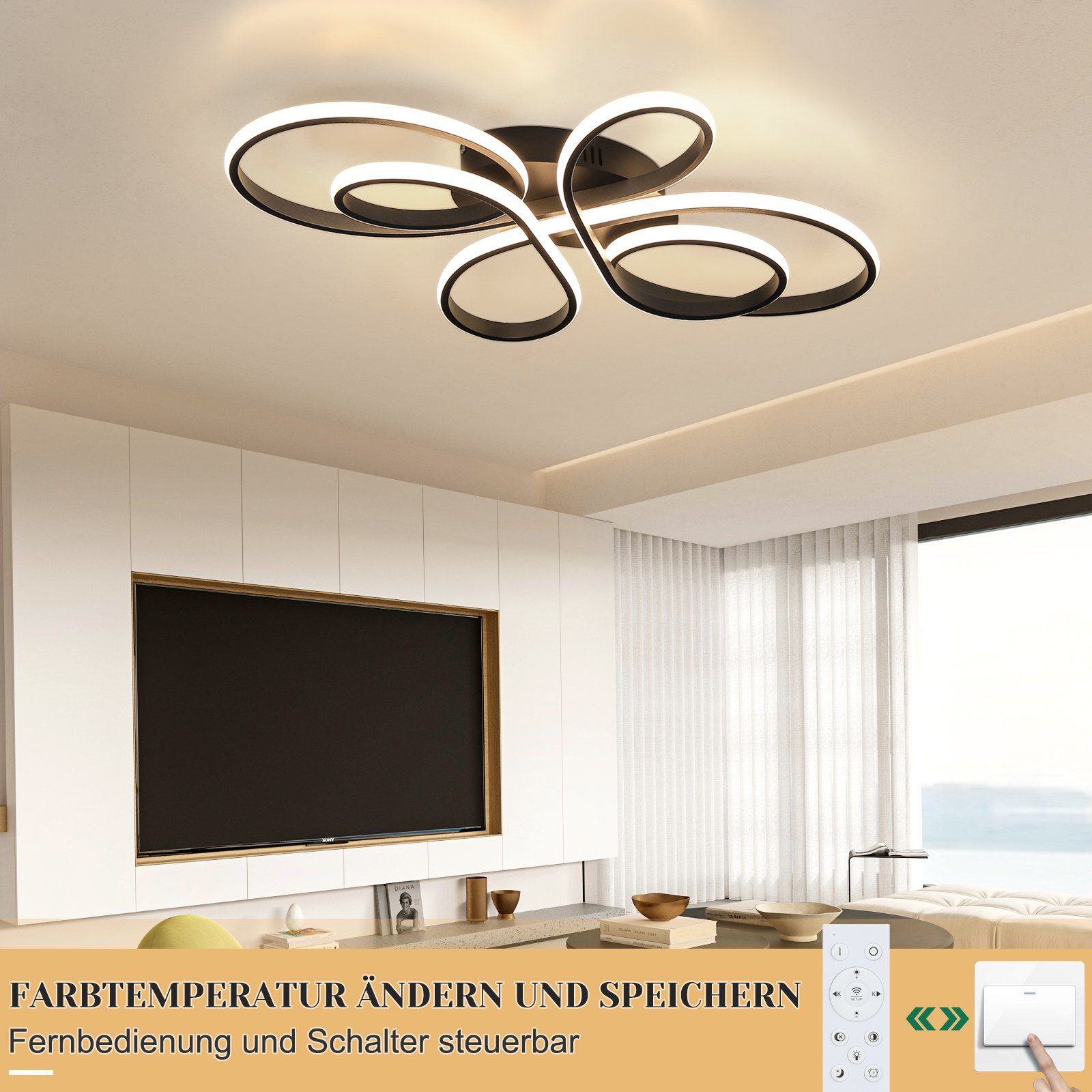 Nettlife LED Deckenleuchte Modern Schwarz Dimmbar Wohnzimmer 65W 40/66/80/100CM deckenlampe, LED fest integriert, Kaltweiß, Warmweiß, Neutralweiß, Schlafzimmer, – Bild 4 von 5