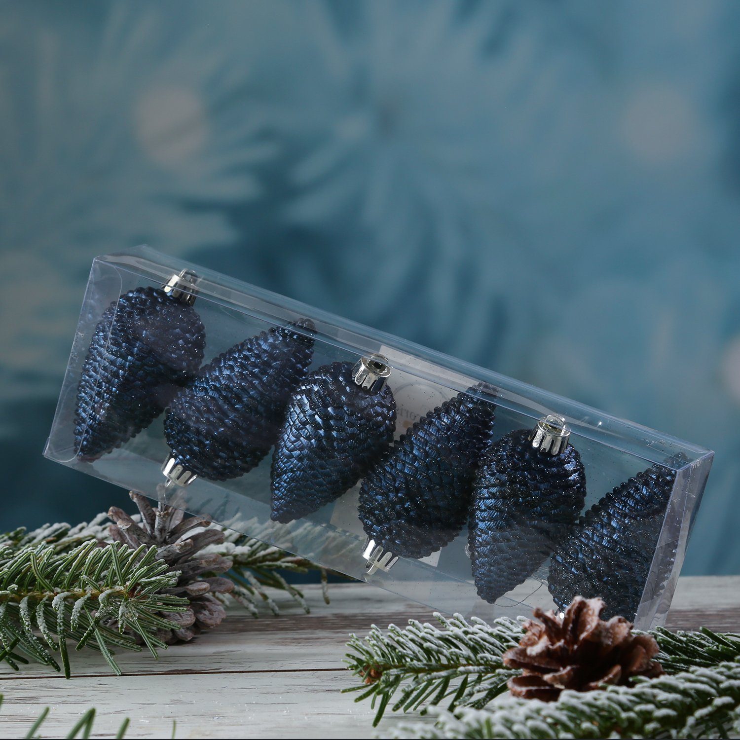 8cm bruchfest H: Weihnachtsbaumschmuck MARELIDA blau 6St Christbaumschmuck Tannenzapfen glitzernd