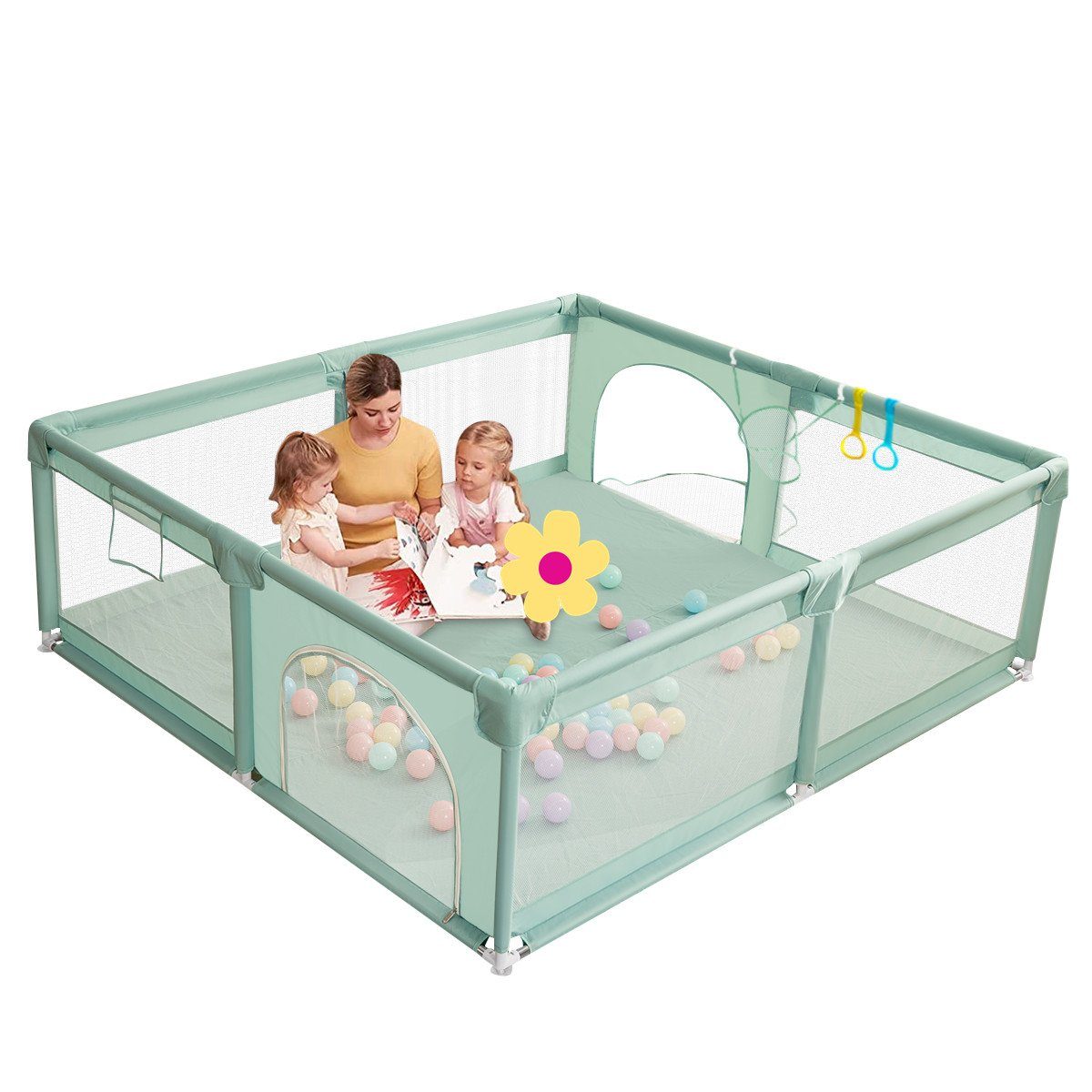 Comomy Laufgitter, Baby Krabbelgitter Kinder Schutzgitter mit Kugeln 180x150x66cm Grün(150x180x66cm)