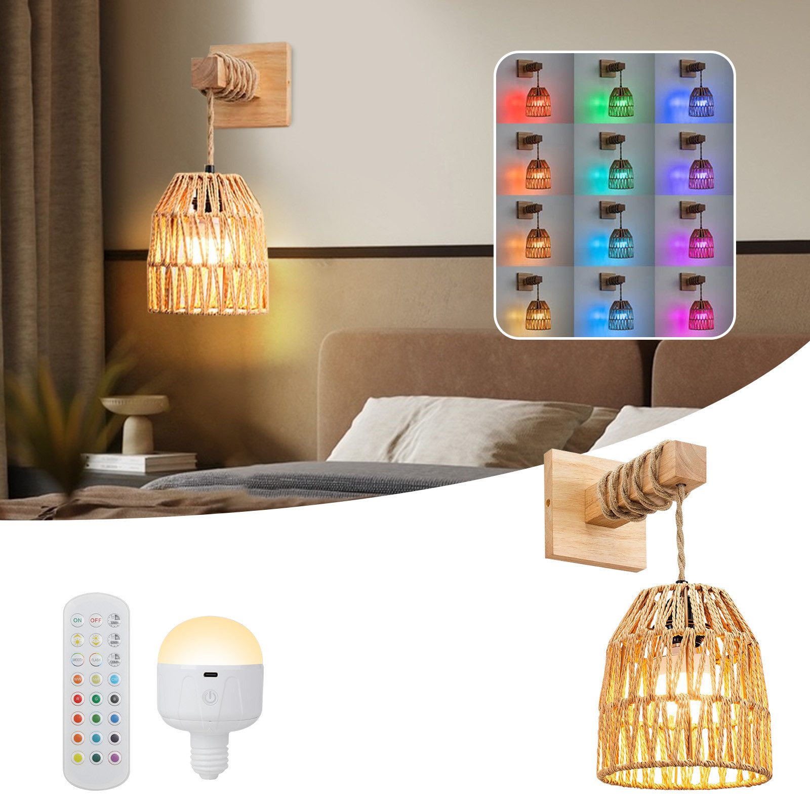 Rosnek LED Wandleuchte Boho, Batteriebetrieben, Wiederaufladbar, Dimmbar, Memory-Funktion, gewebtes Rattan-Design, für Schlafzimmer, Wohnzimmer, Flur