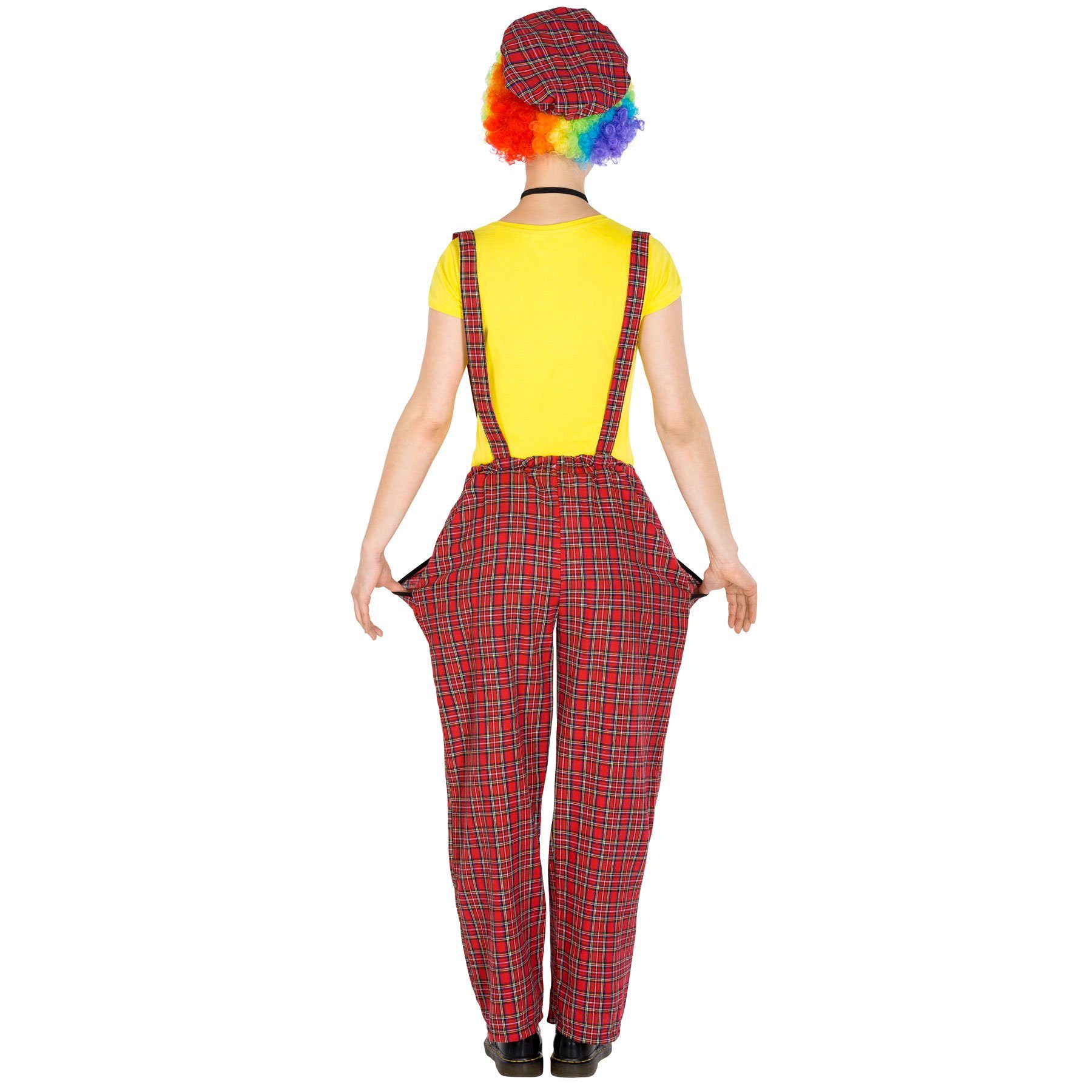 dressforfun Clown-Kostüm Spaßvogel/Komiker, in der Farbe rot, Gr. XXL, Flippiger Karo-Look, Wundervolle Latzhose, Verstellbare Träger, Schildkappe, Clown-Nase