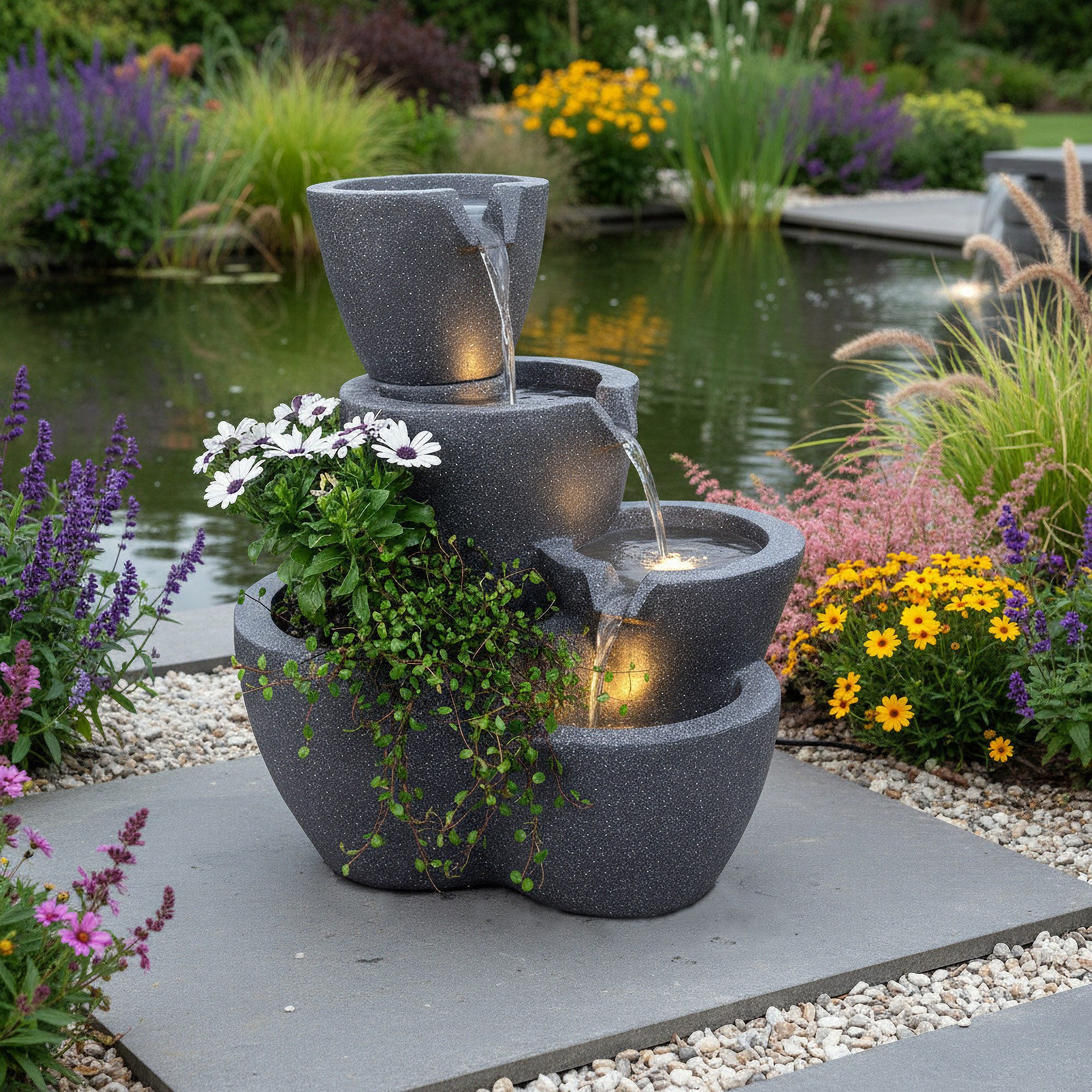 Arnusa Gartenbrunnen Zimmerbrunnen Botana Warm-Weiß Kaskade Gartendekoration, 53,00 cm Breite, (Komplett-Set), Springbrunnen bepflanzbar und mit Beleuchtung