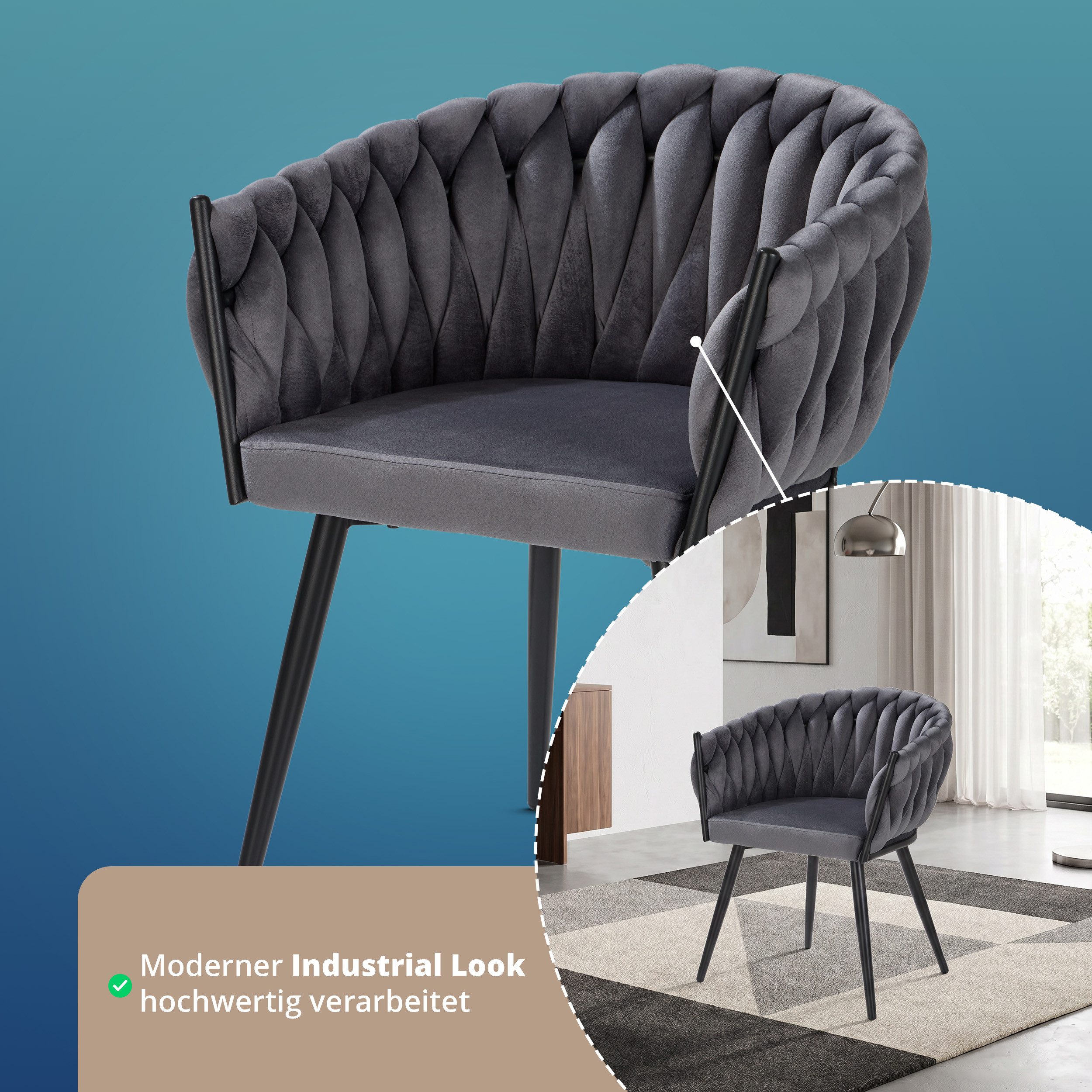 KHG Esszimmerstuhl Küchenstuhl im Industrial-Look Samt Dunkelgrau mit edlem Zopfmuster (Indoor-Polsterstuhl), Metallgestell Schwarz pulverbeschichtet bis 120 kg – Bild 4 von 5
