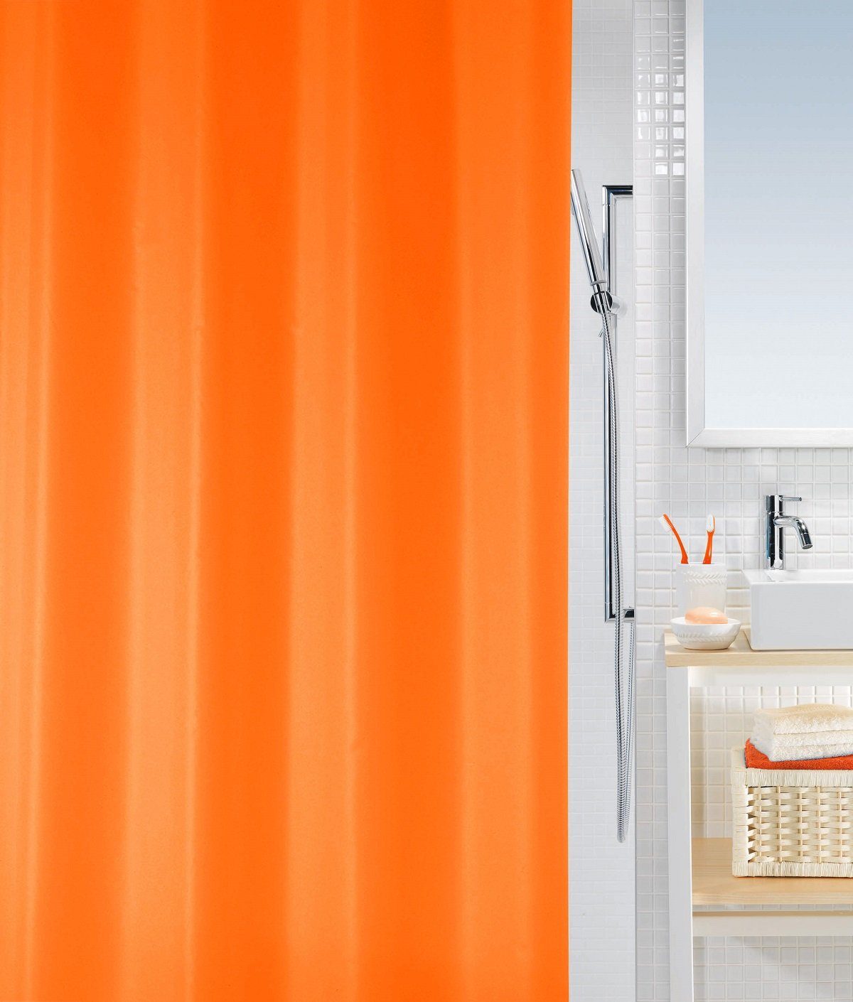 spirella Duschvorhang ATLAS Breite 180 cm, Premium Textil-Duschvorhang, 100% Polyester, wasserabweisend, Anti-Schimmel-Effekt, waschbar 40°, uni, Farbe orange, Größe 180 x 200 cm
