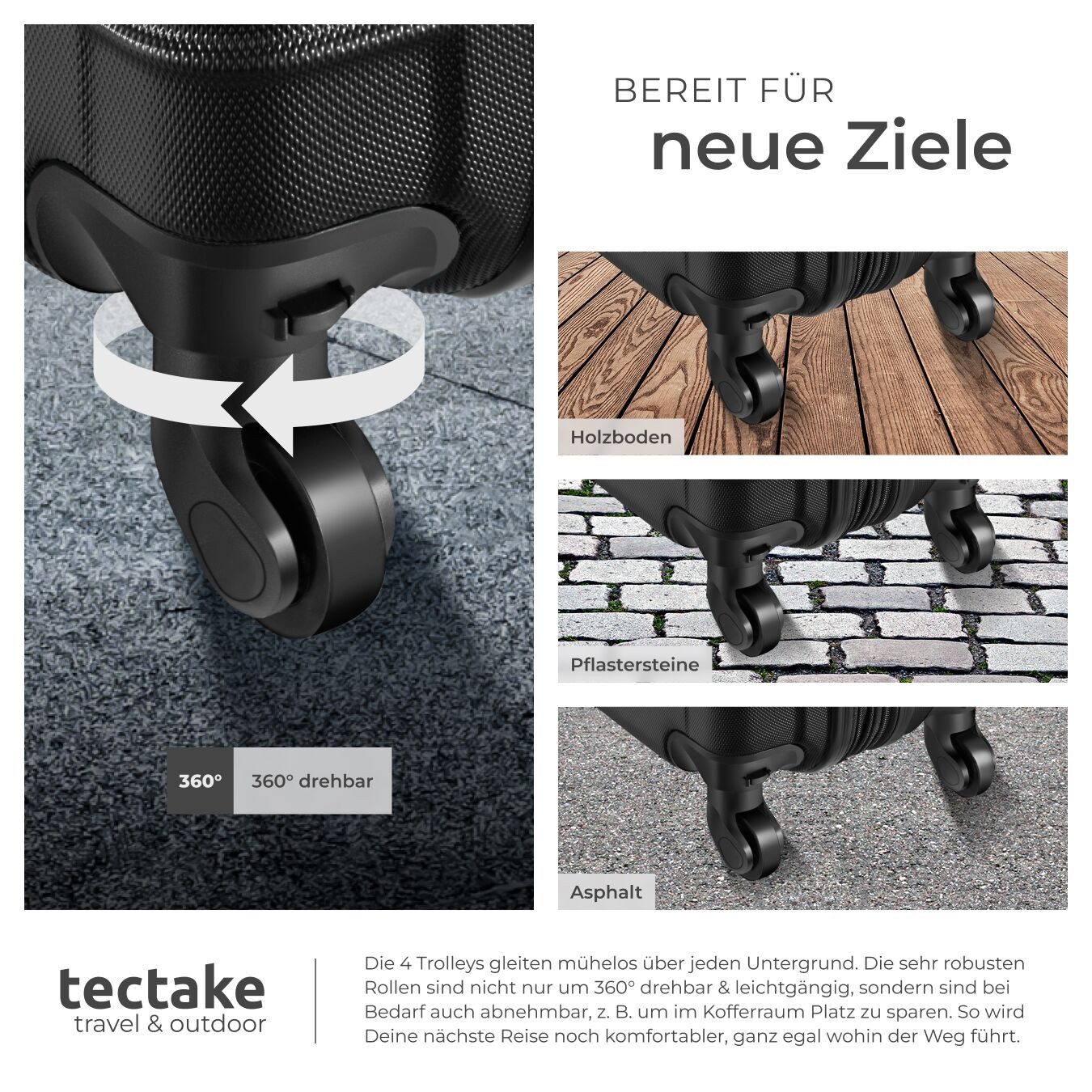 tectake Trolley Hartschalenkoffer-Set, 4 Rollen, 4-teilig, aus robustem ABS-Kunststoff