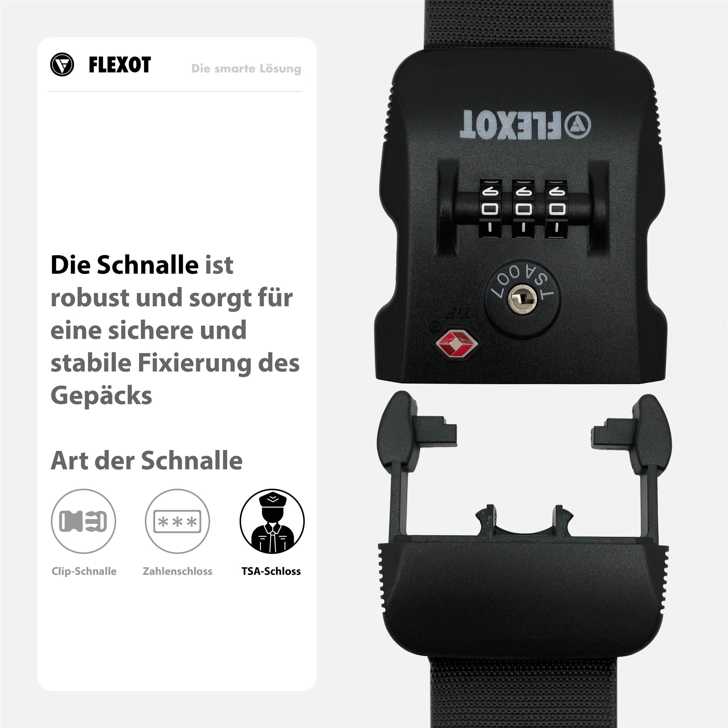 Flexot Koffergurt Koffergurt mit Zahlenschloss & TSA, verstellbare Länge, Namensschild, Flexibel anpassbarer und stabiler Gurt mit praktischer Schnalle
