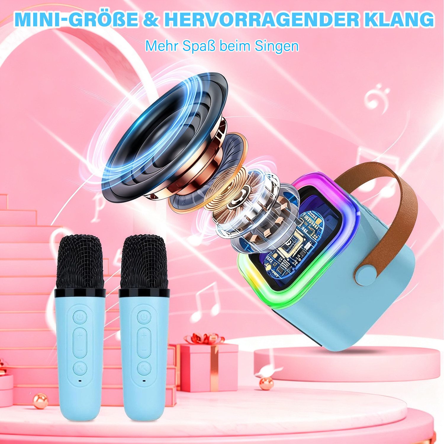 MOPUEA Mini-Karaoke-Set Karaoke-Maschine mit 2 kabellosen Mikrofonen Bluetooth-Lautsprecher (5 W, Partygeschenk, tragbar, Geschenke) – Bild 3 von 5