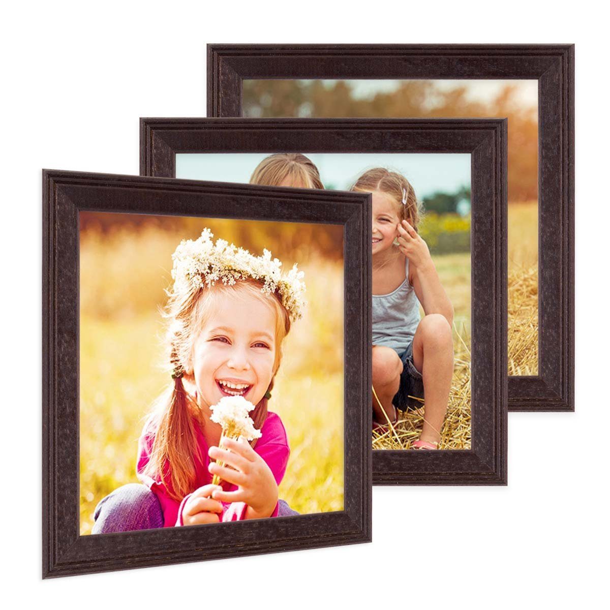 Bilderrahmen PHOTOLINI Massivholz Schmal Set Nuss im Landhaus-Stil 3er