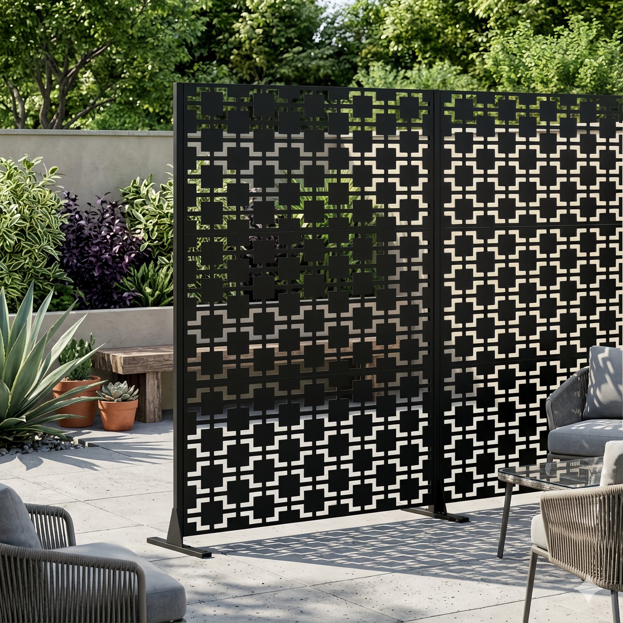 MODFU Paravent Raumteiler aus Metall für Terrasse und Garten (1, 1 St., Schwarz, 116x183x40 cm( BxHxT), freistehend, mit stabilem Standfuß