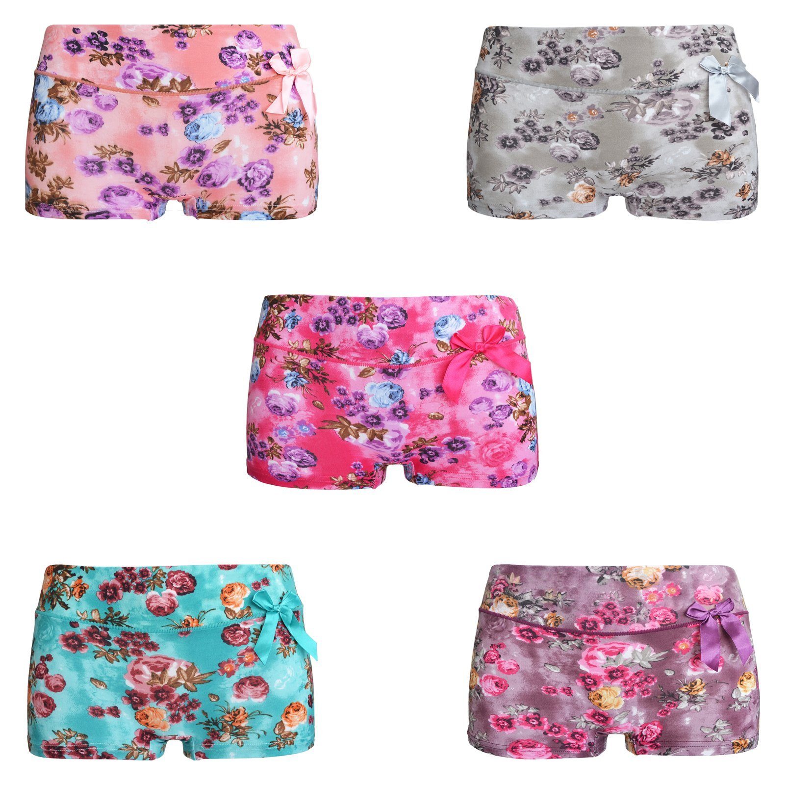 Markenwarenshop-Style Panty 5 x Damen Boxershorts Slips Panty Hot Pants Hipster mit Blumen 8030 Größe: XL