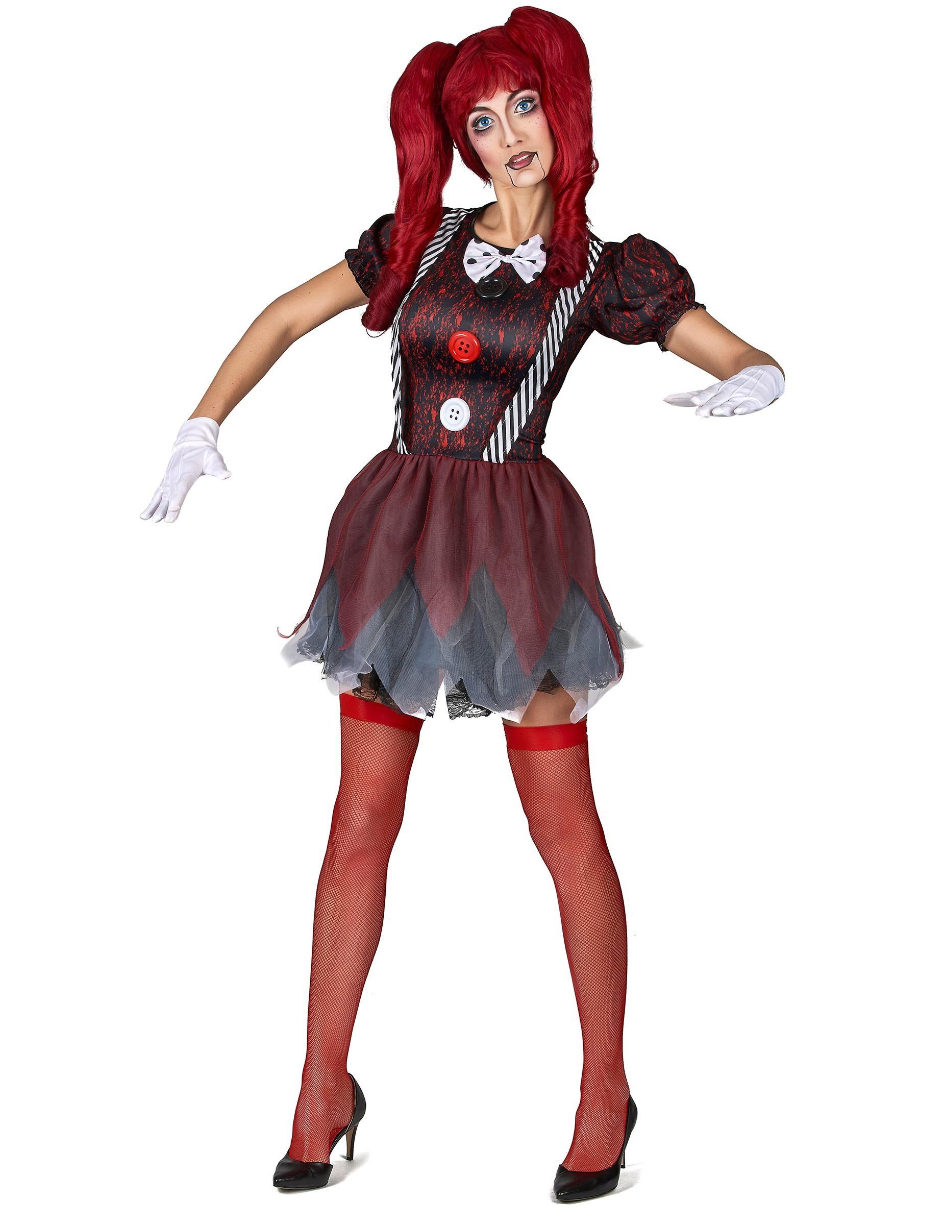 JADEO Kostüm Horror Puppe Damen-Kostüm rot-schwarz-weiss
